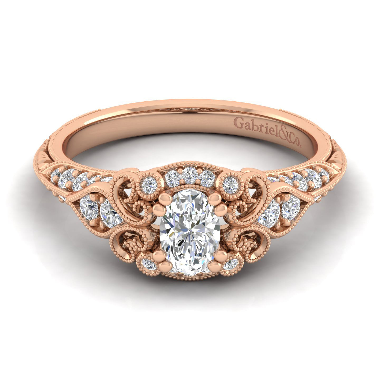 Unique 14K Rose Gold Vintage Inspired Oval Diamond Halo Engagement Ring
