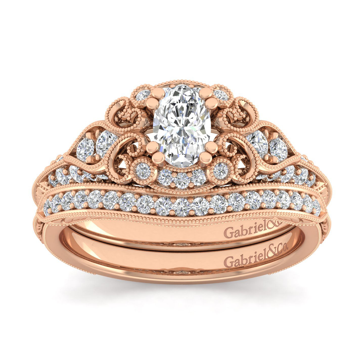 Unique 14K Rose Gold Vintage Inspired Oval Diamond Halo Engagement Ring