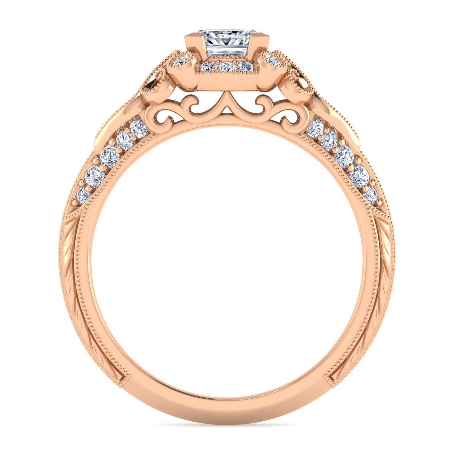 Unique 14K Rose Gold Vintage Inspired Princess Cut Diamond Halo Engagement Ring