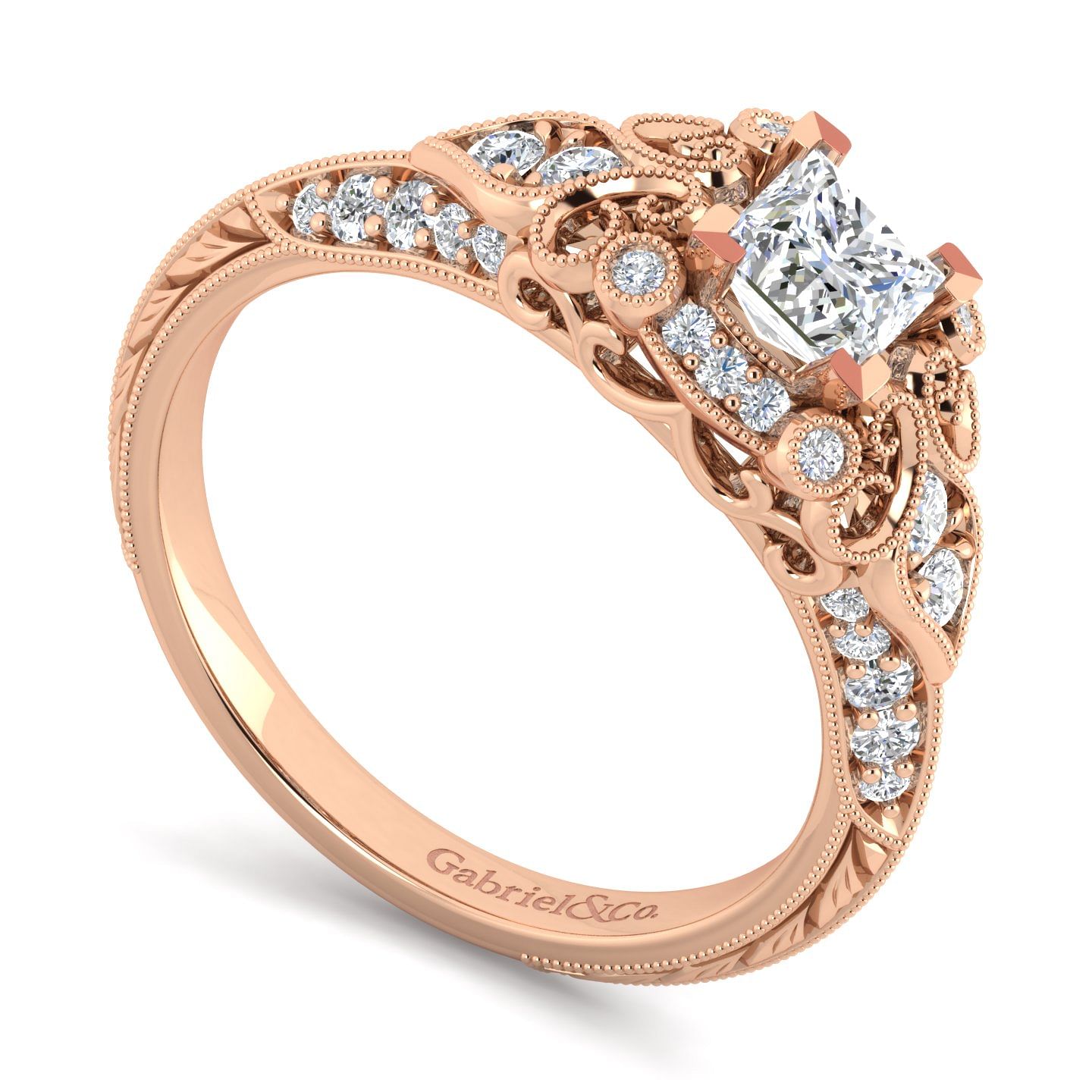Unique 14K Rose Gold Vintage Inspired Princess Cut Diamond Halo Engagement Ring