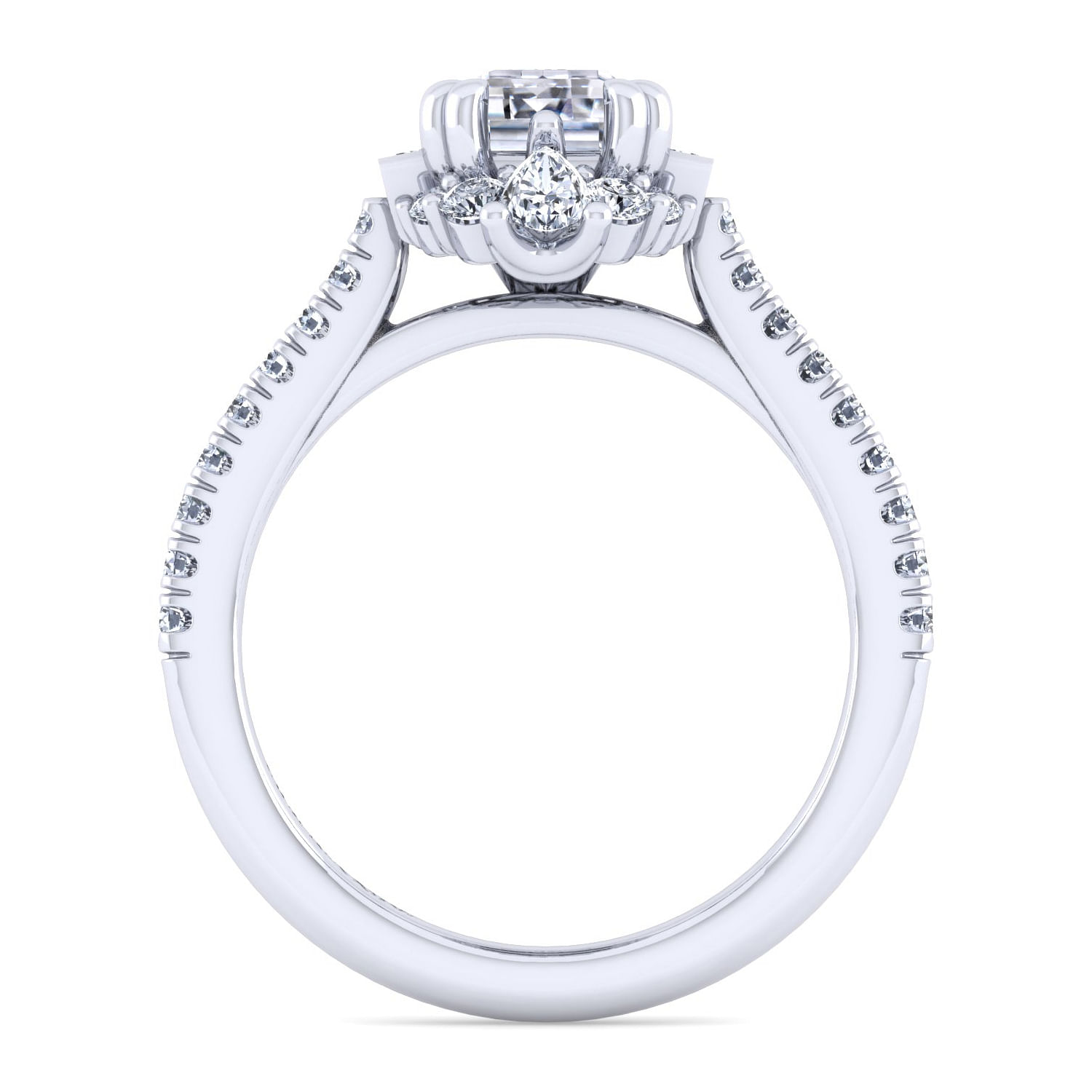 Unique 14K White Gold Art Deco Emerald Cut Halo Diamond Engagement Ring