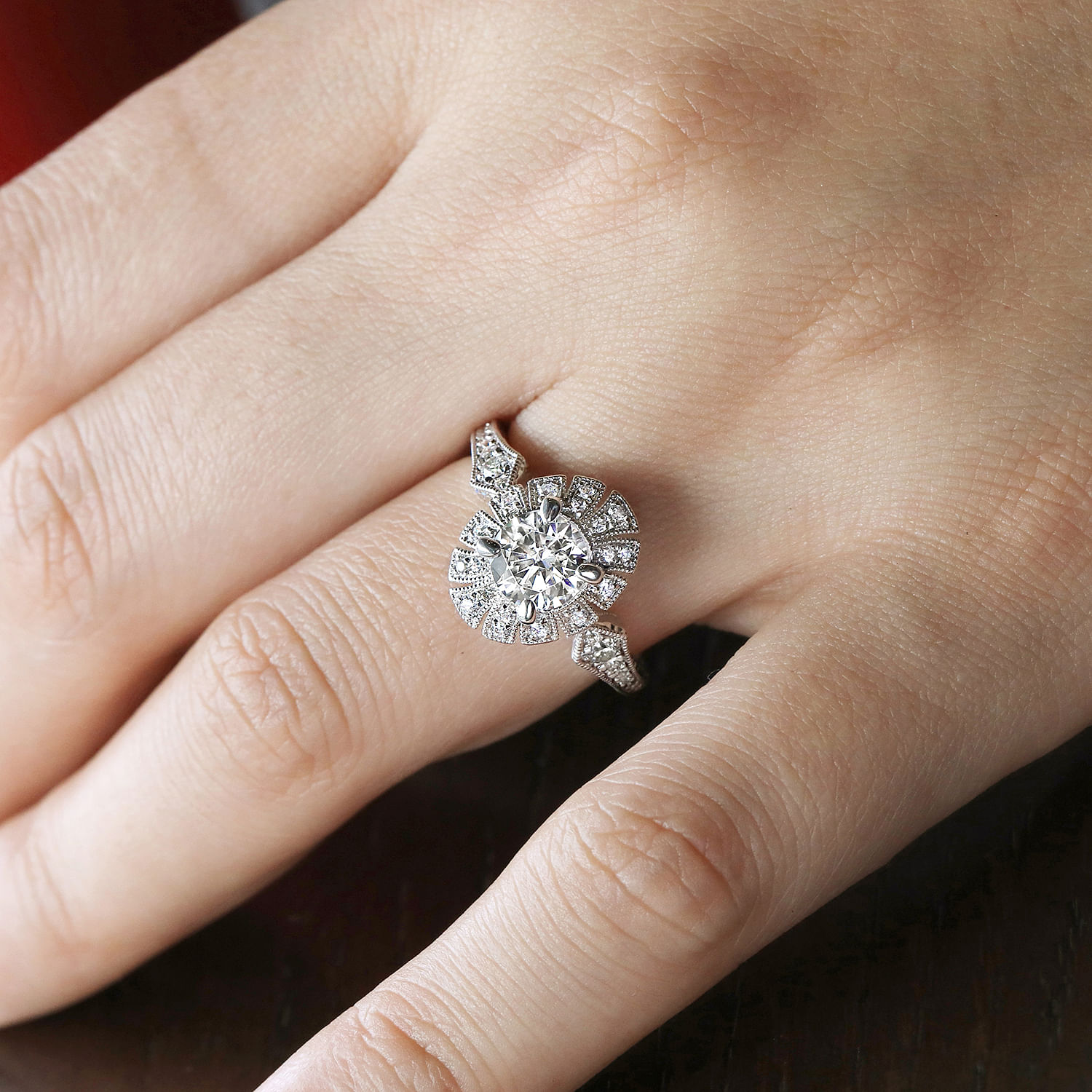 Unique 14K White Gold Art Deco Halo Diamond Engagement Ring