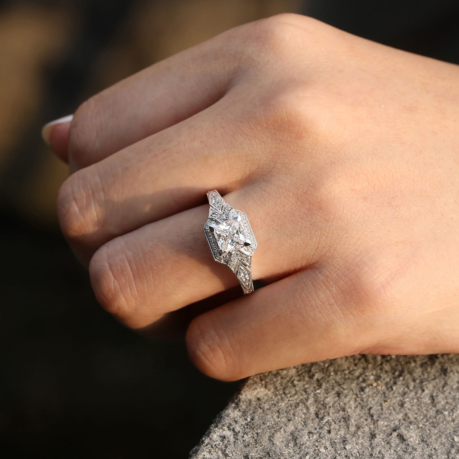 Unique 14K White Gold Art Deco Princess Cut Halo Diamond Engagement Ring