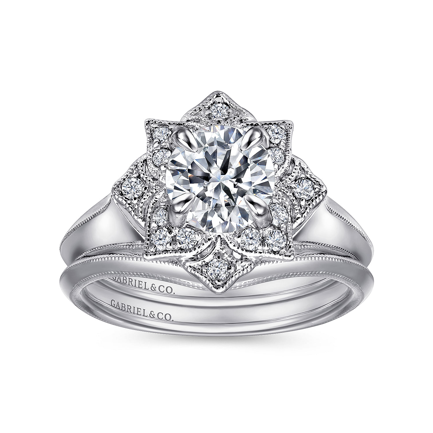 Unique 14K White Gold Diamond Halo Engagement Ring