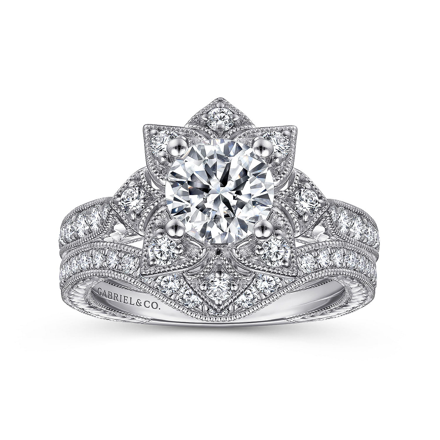 Unique 14K White Gold Halo Diamond Engagement Ring