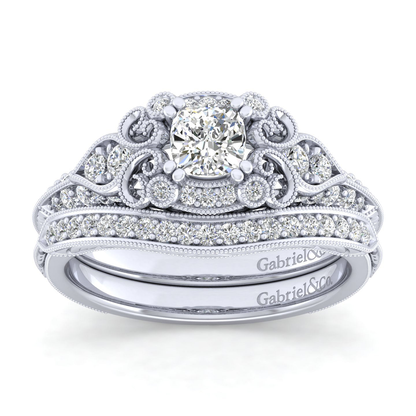 Unique 14K White Gold Vintage Inspired Cushion Cut Diamond Halo Engagement Ring