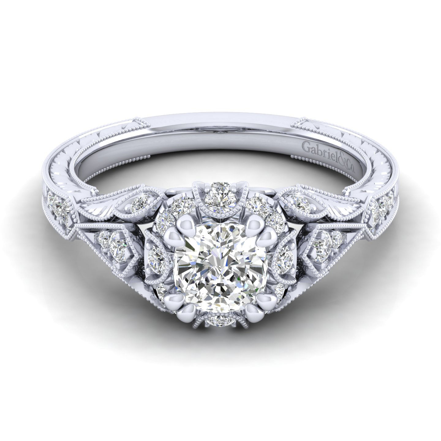 Unique 14K White Gold Vintage Inspired Cushion Cut Diamond Halo Engagement Ring