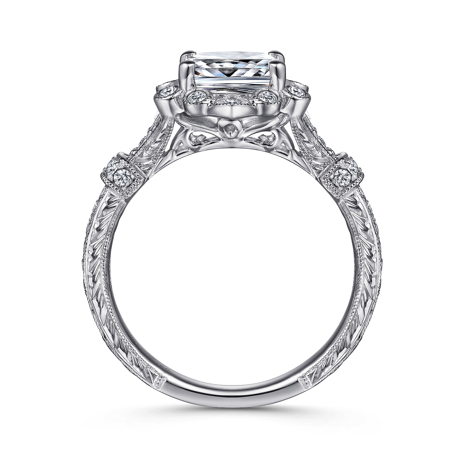 Unique 14K White Gold Vintage Inspired Cushion Cut Halo Diamond Engagement Ring