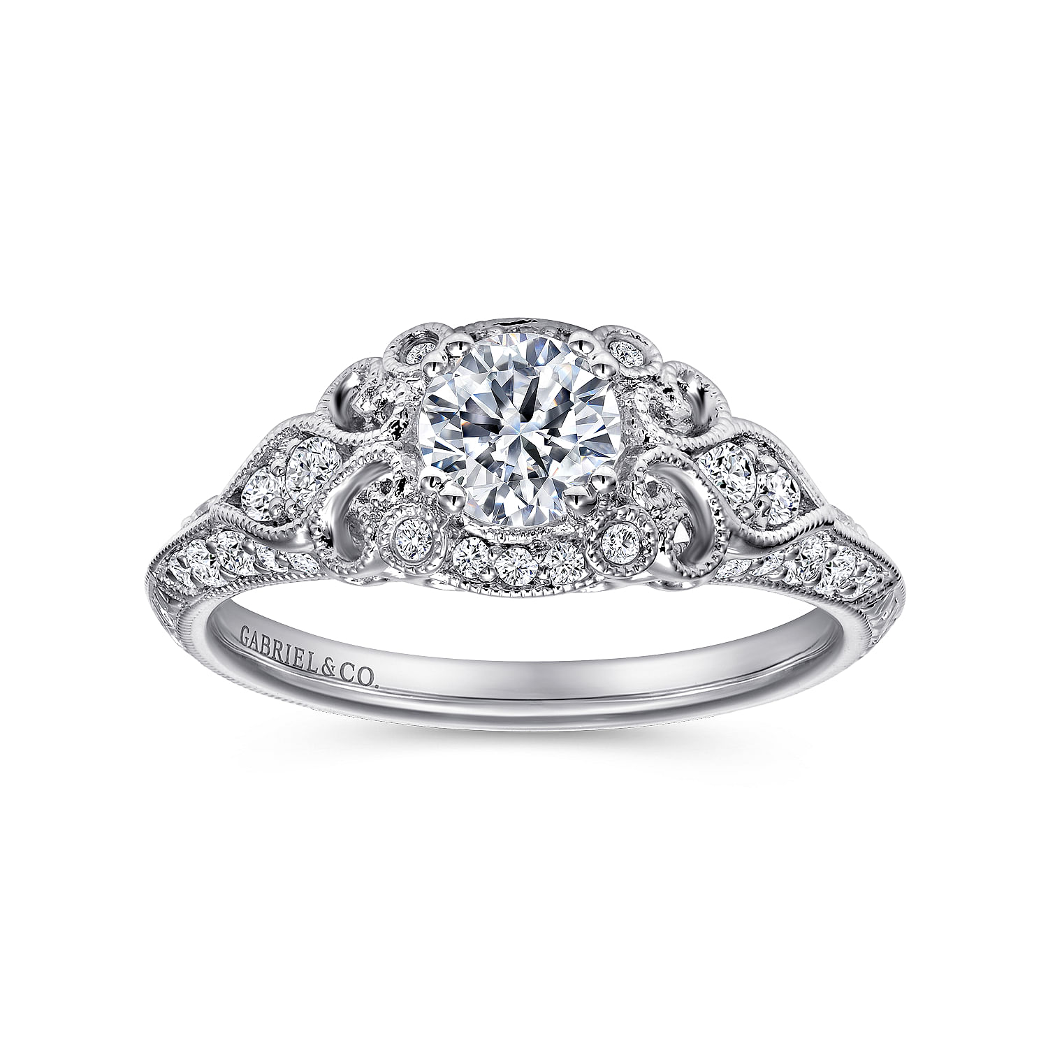 Unique 14K White Gold Vintage Inspired Diamond Halo Engagement Ring