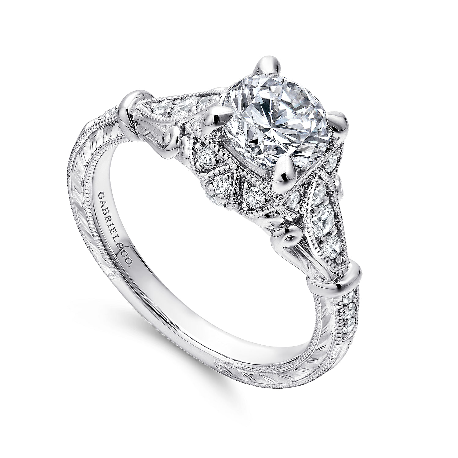 Unique 14K White Gold Vintage Inspired Halo Diamond Engagement Ring