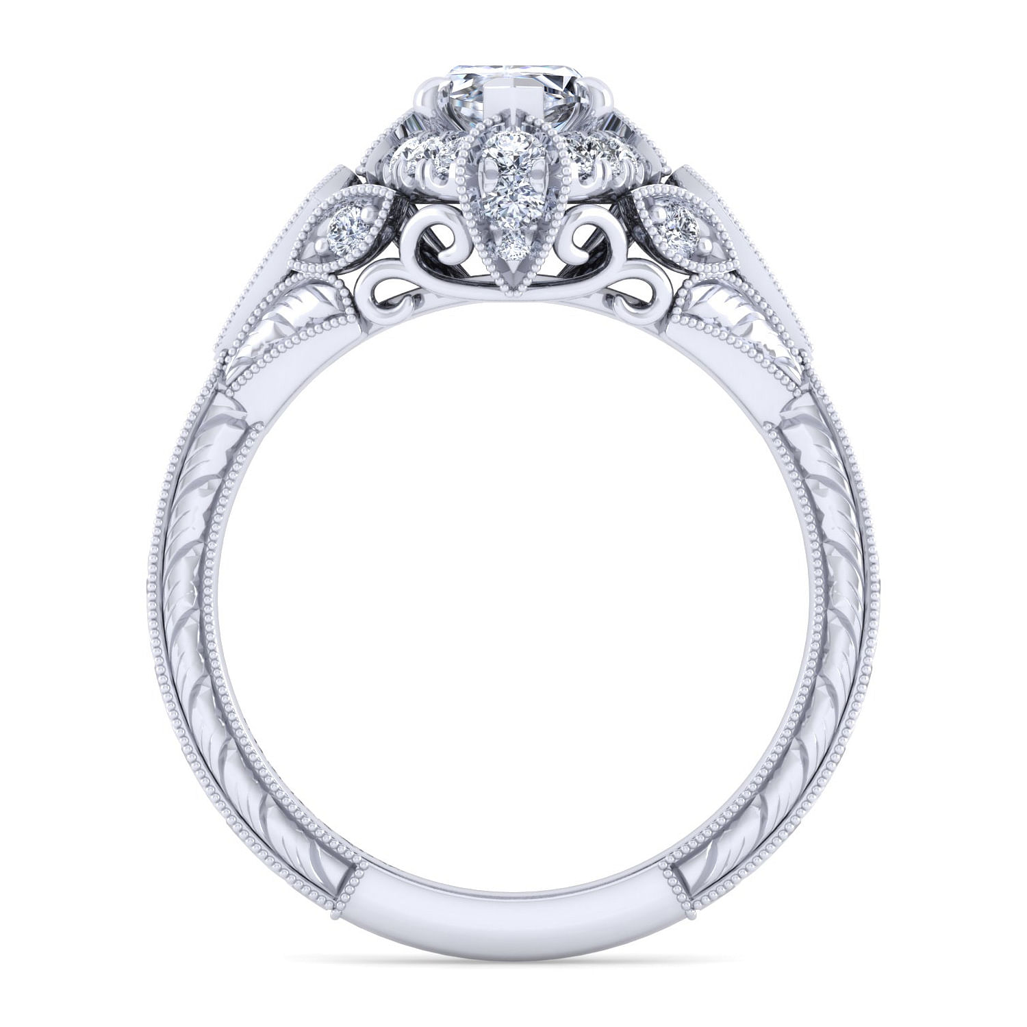 Unique 14K White Gold Vintage Inspired Marquise Shape Diamond Halo Engagement Ring