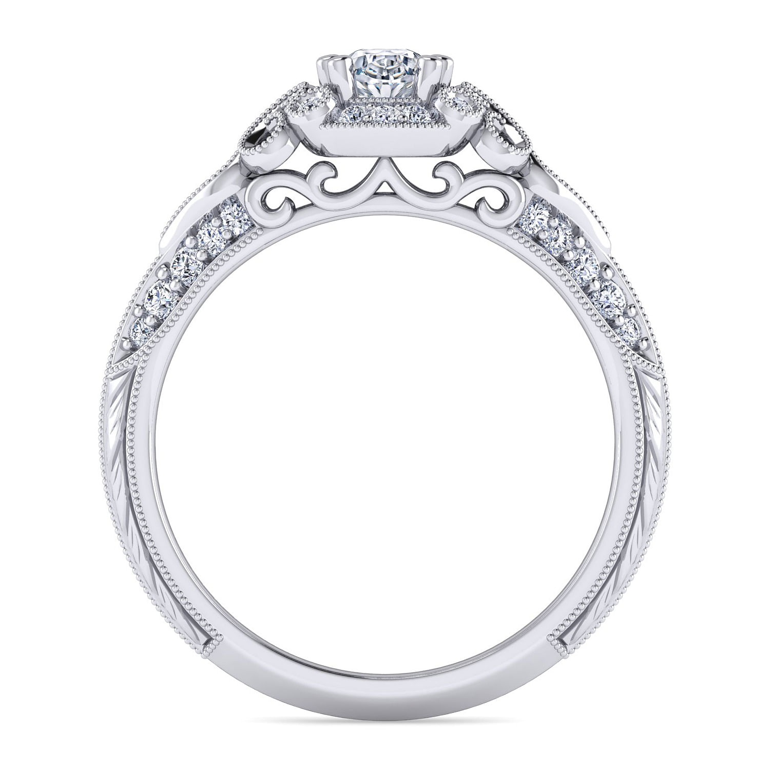 Unique 14K White Gold Vintage Inspired Oval Diamond Halo Engagement Ring