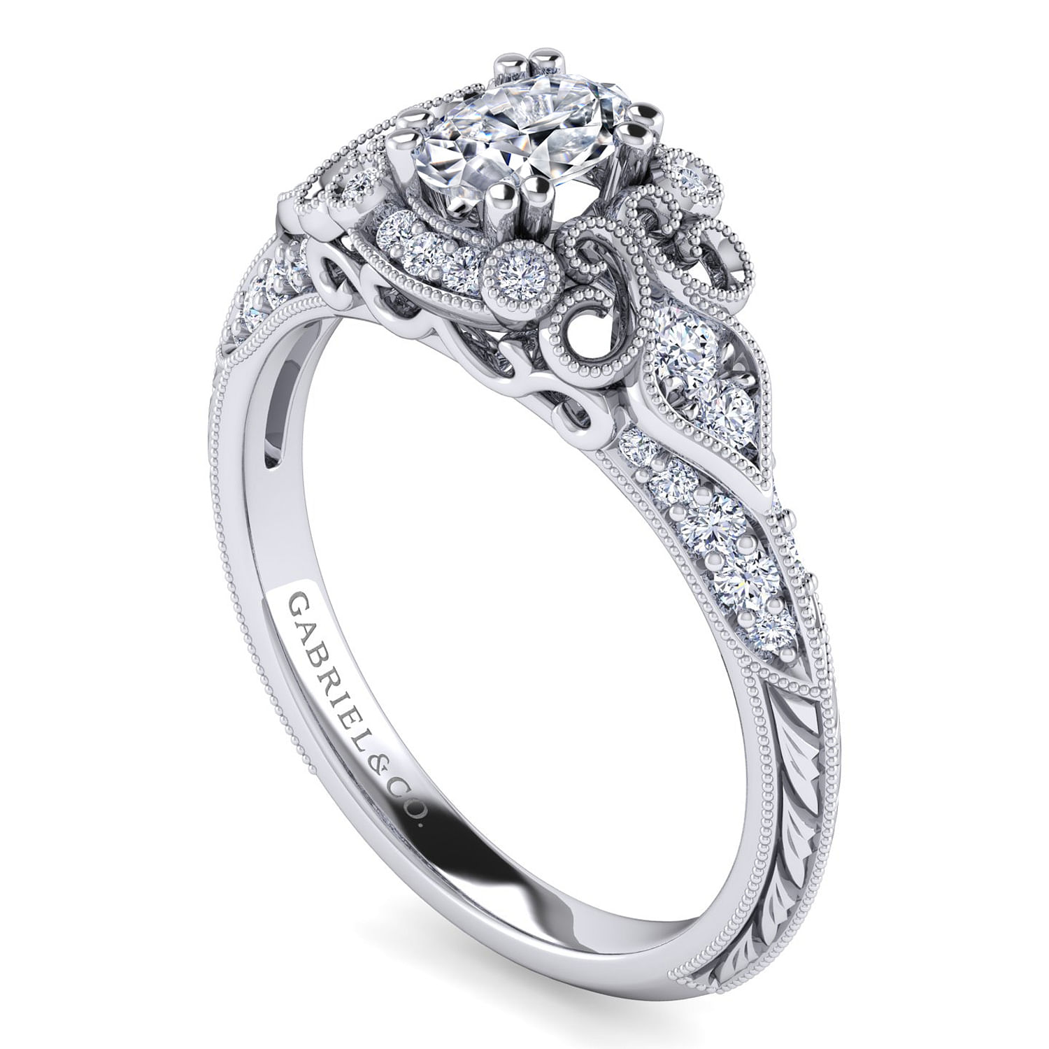 Unique 14K White Gold Vintage Inspired Oval Diamond Halo Engagement Ring