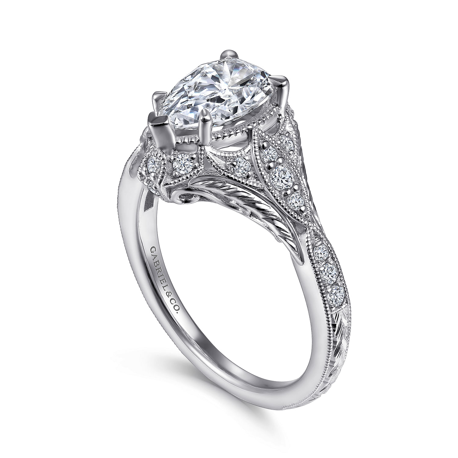 Unique 14K White Gold Vintage Inspired Pear Shape Diamond Halo Engagement Ring