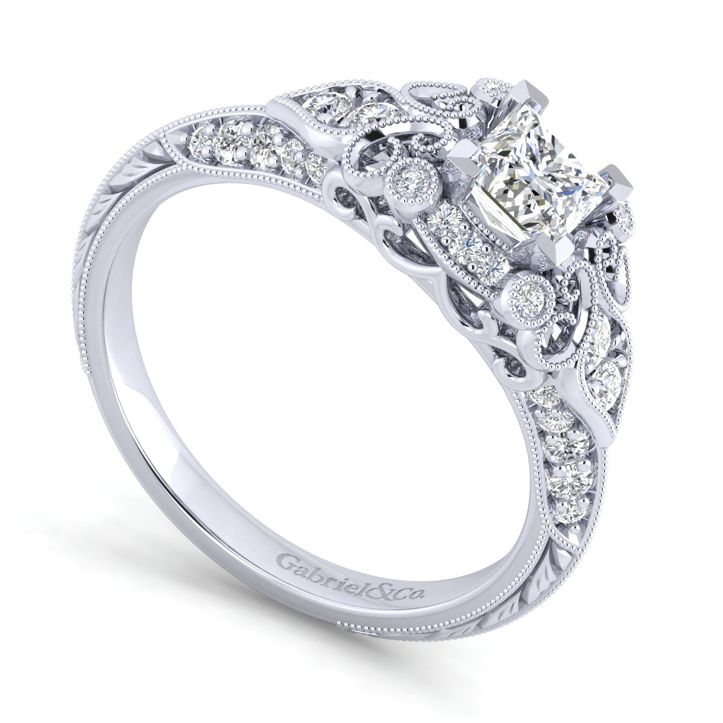 Unique 14K White Gold Vintage Inspired Princess Cut Diamond Halo Engagement Ring