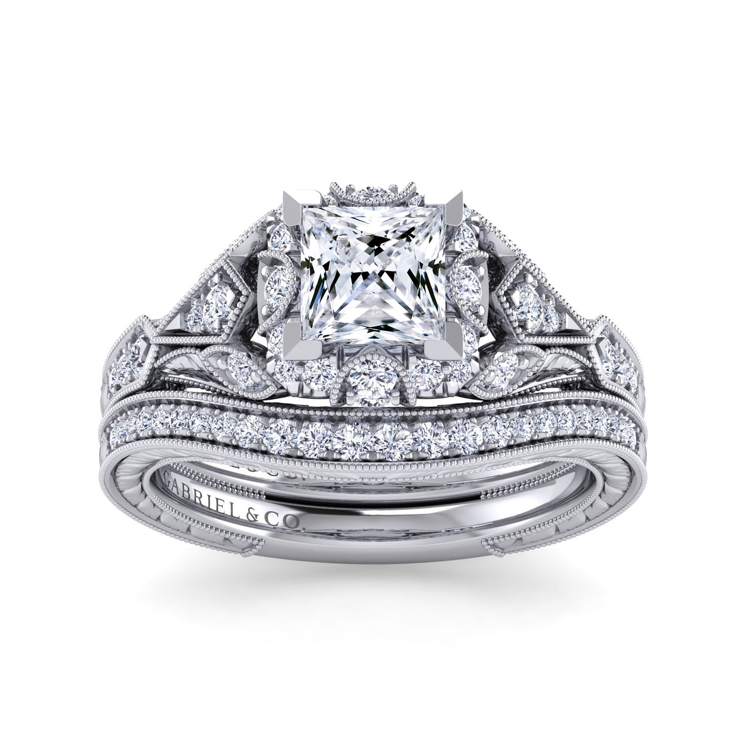 Unique 14K White Gold Vintage Inspired Princess Cut Diamond Halo Engagement Ring