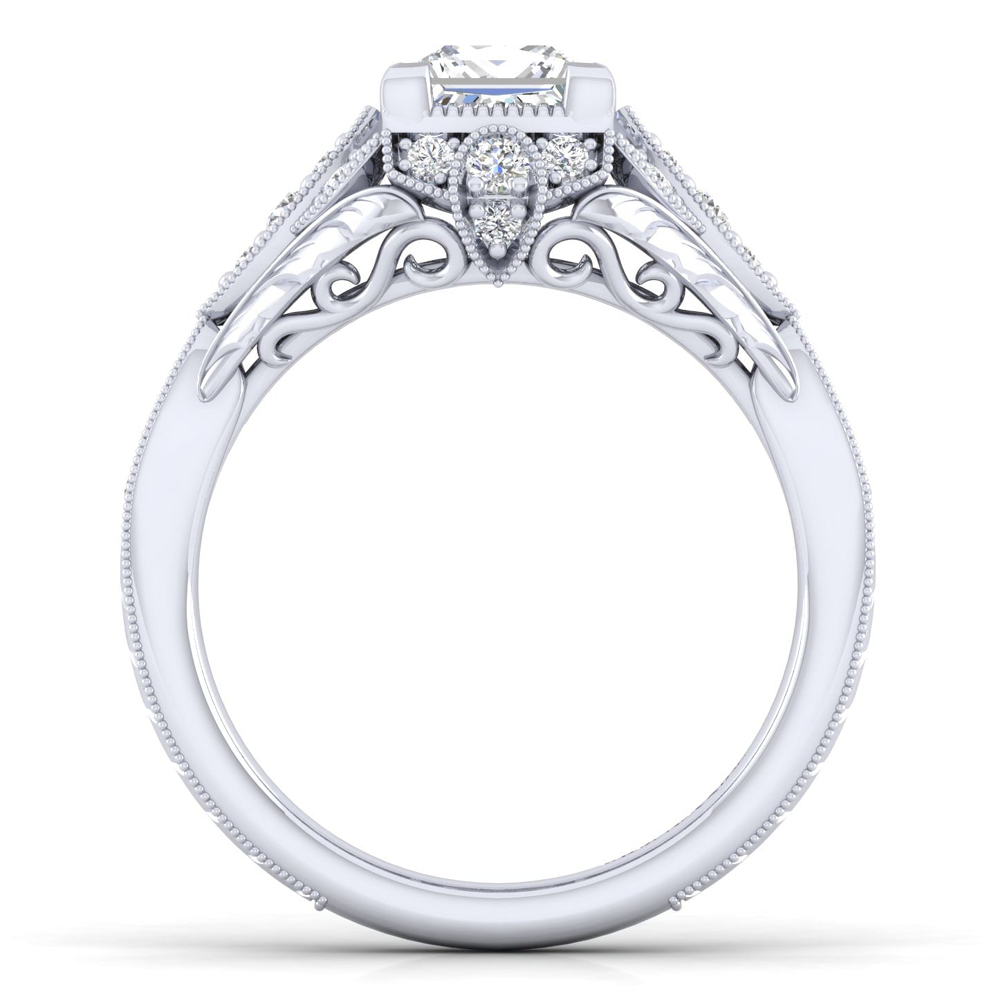 Unique 14K White Gold Vintage Inspired Princess Cut Halo Diamond Engagement Ring