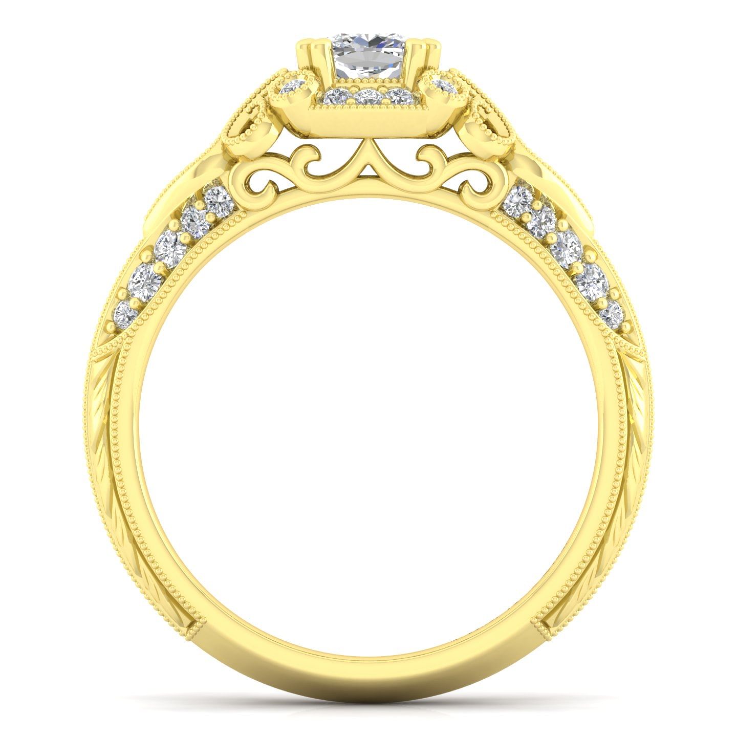 Unique 14K Yellow Gold Vintage Inspired Cushion Cut Diamond Halo Engagement Ring
