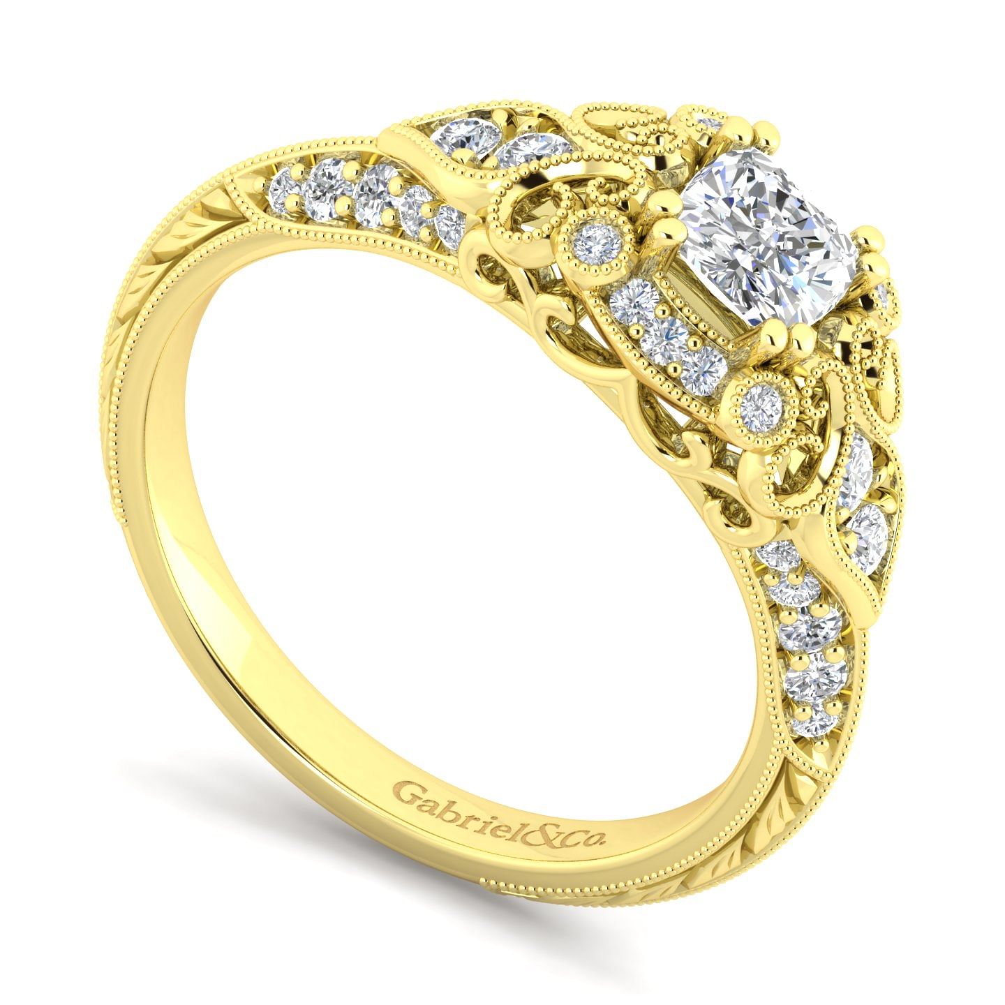 Unique 14K Yellow Gold Vintage Inspired Cushion Cut Diamond Halo Engagement Ring