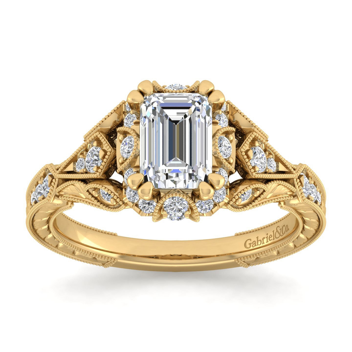 Unique 14K Yellow Gold Vintage Inspired Emerald Cut Diamond Halo Engagement Ring