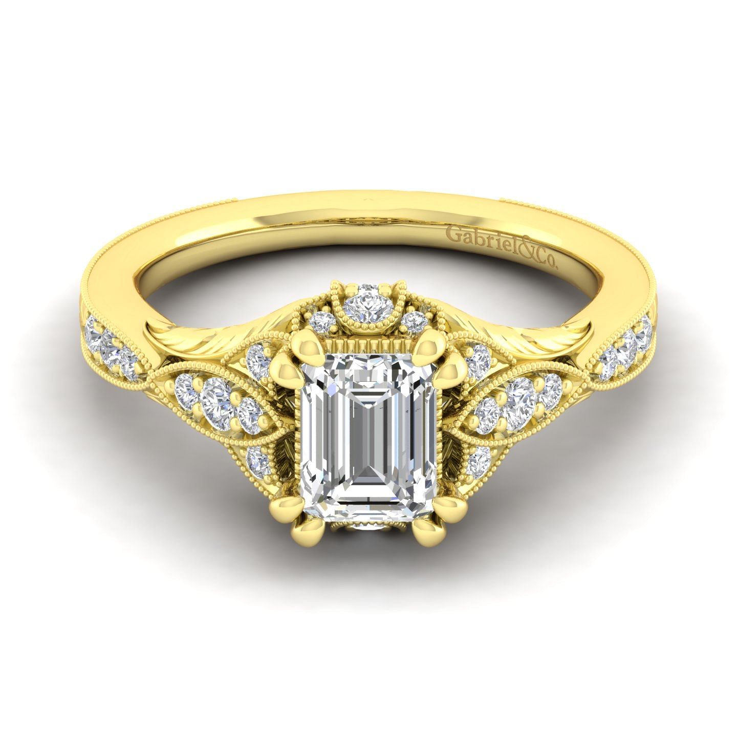 Unique 14K Yellow Gold Vintage Inspired Emerald Cut Diamond Halo Engagement Ring