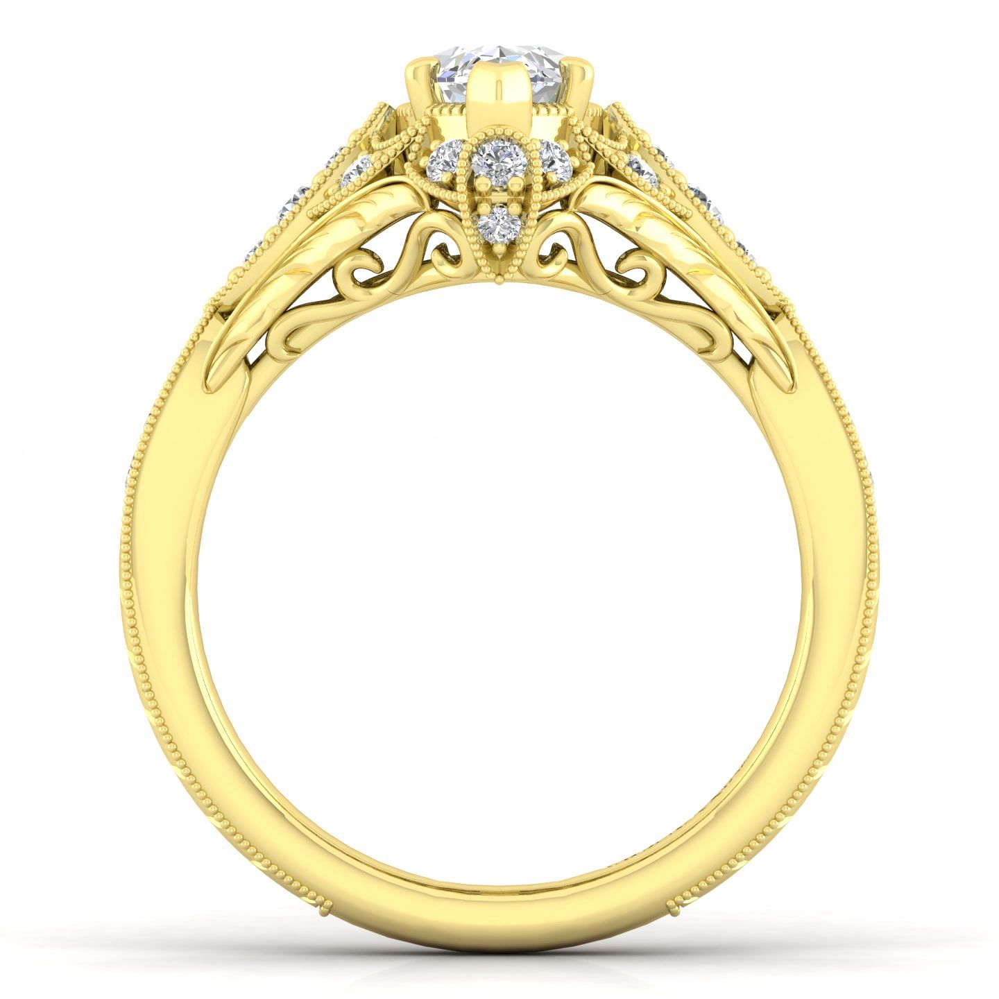 Unique 14K Yellow Gold Vintage Inspired Marquise Shape Diamond Halo Engagement Ring