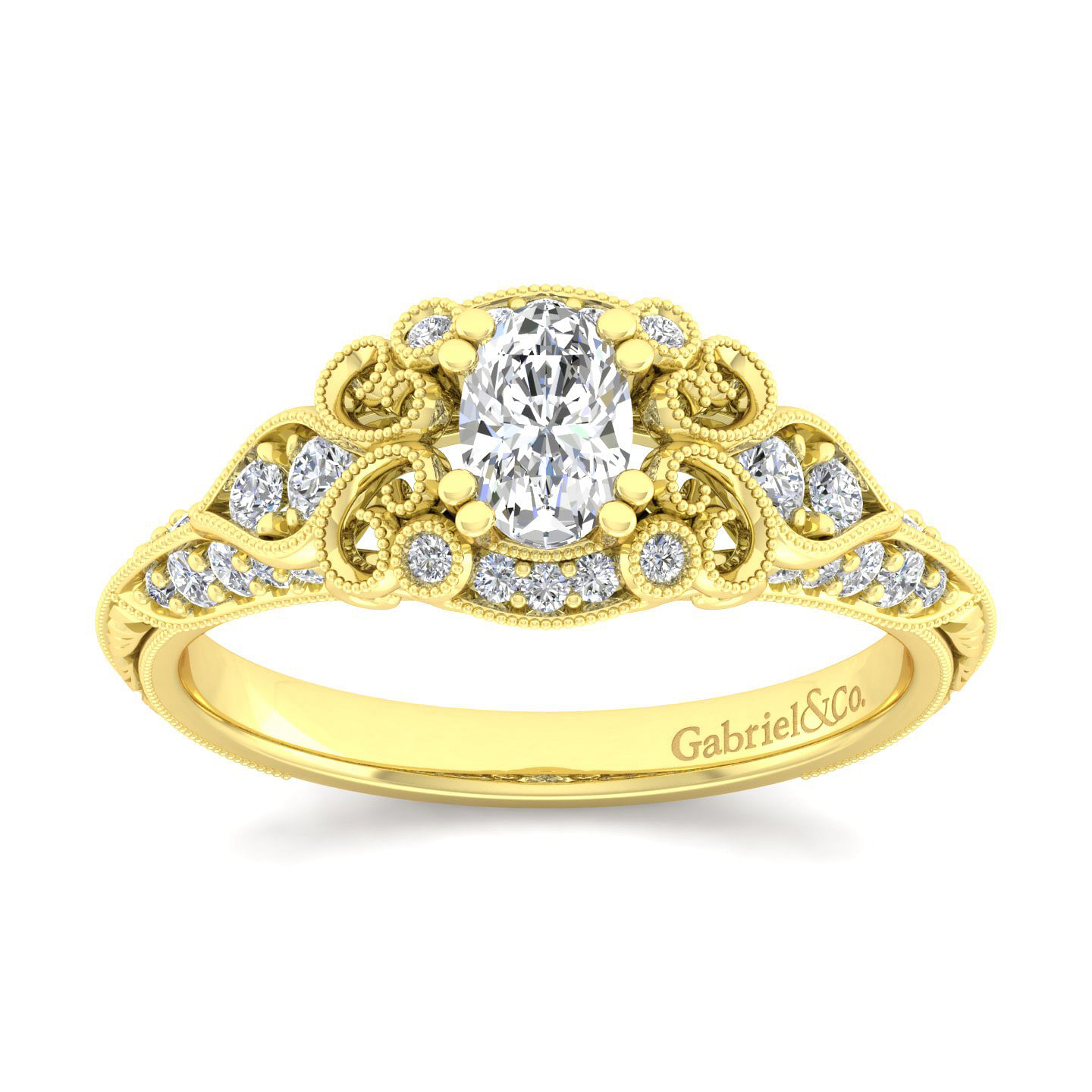 Unique 14K Yellow Gold Vintage Inspired Oval Diamond Halo Engagement Ring