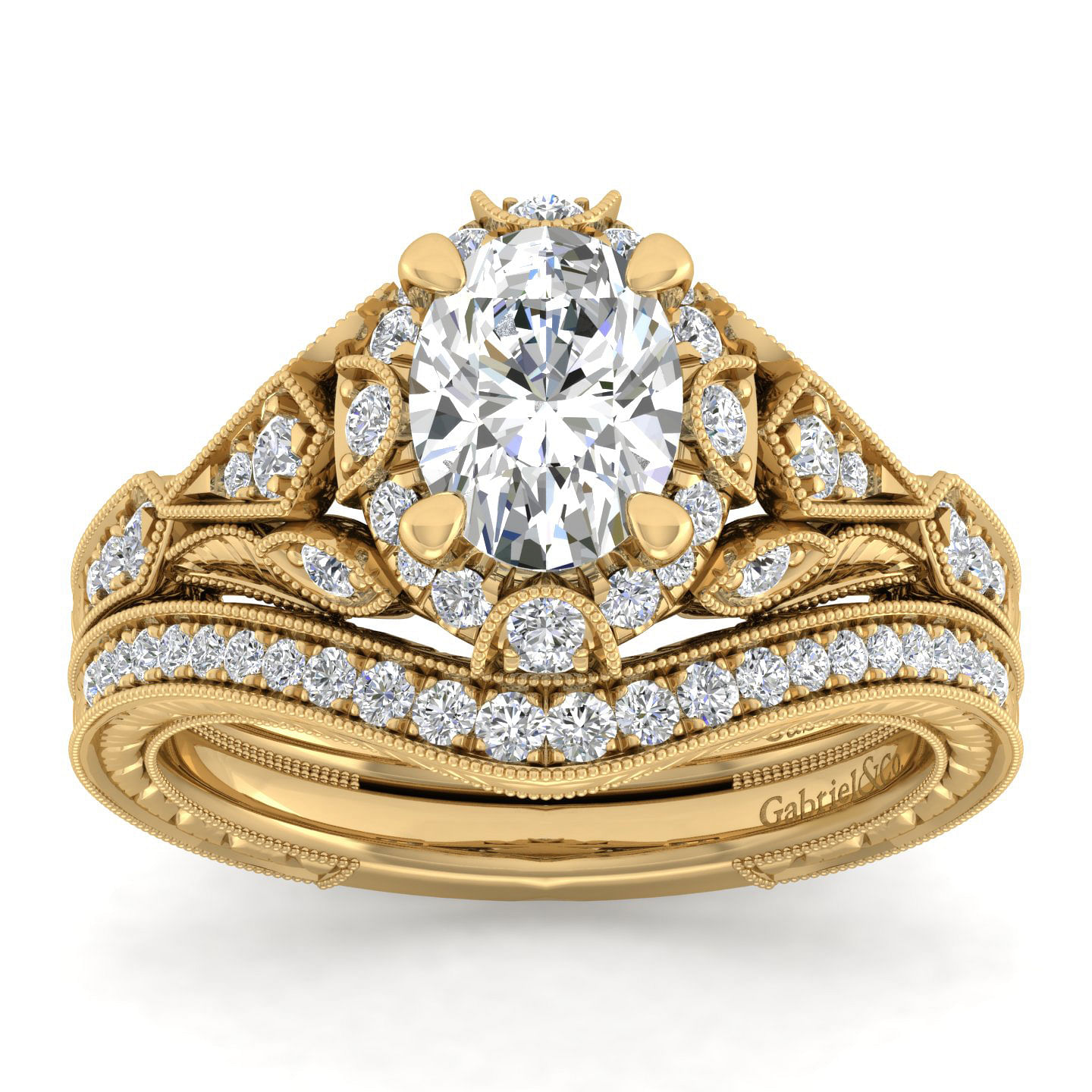 Unique 14K Yellow Gold Vintage Inspired Oval Halo Diamond Engagement Ring