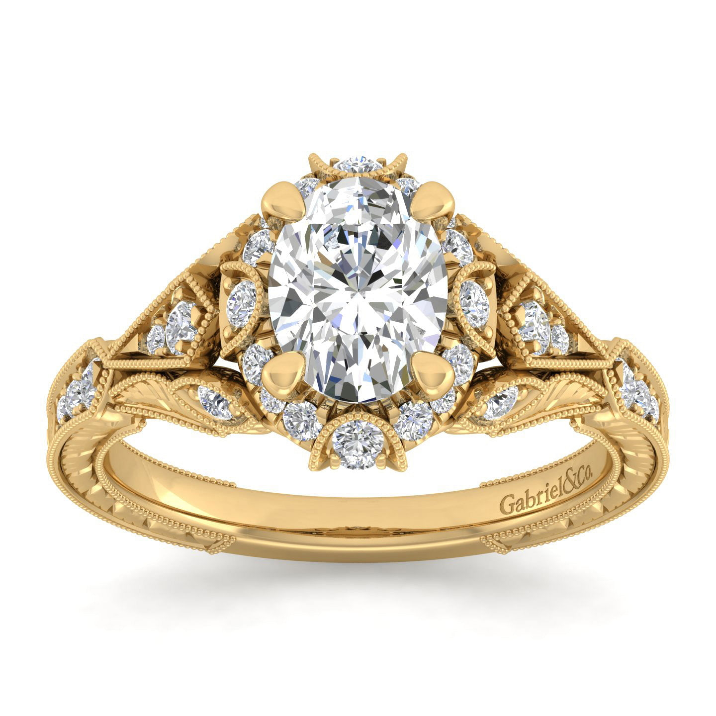 Unique 14K Yellow Gold Vintage Inspired Oval Halo Diamond Engagement Ring