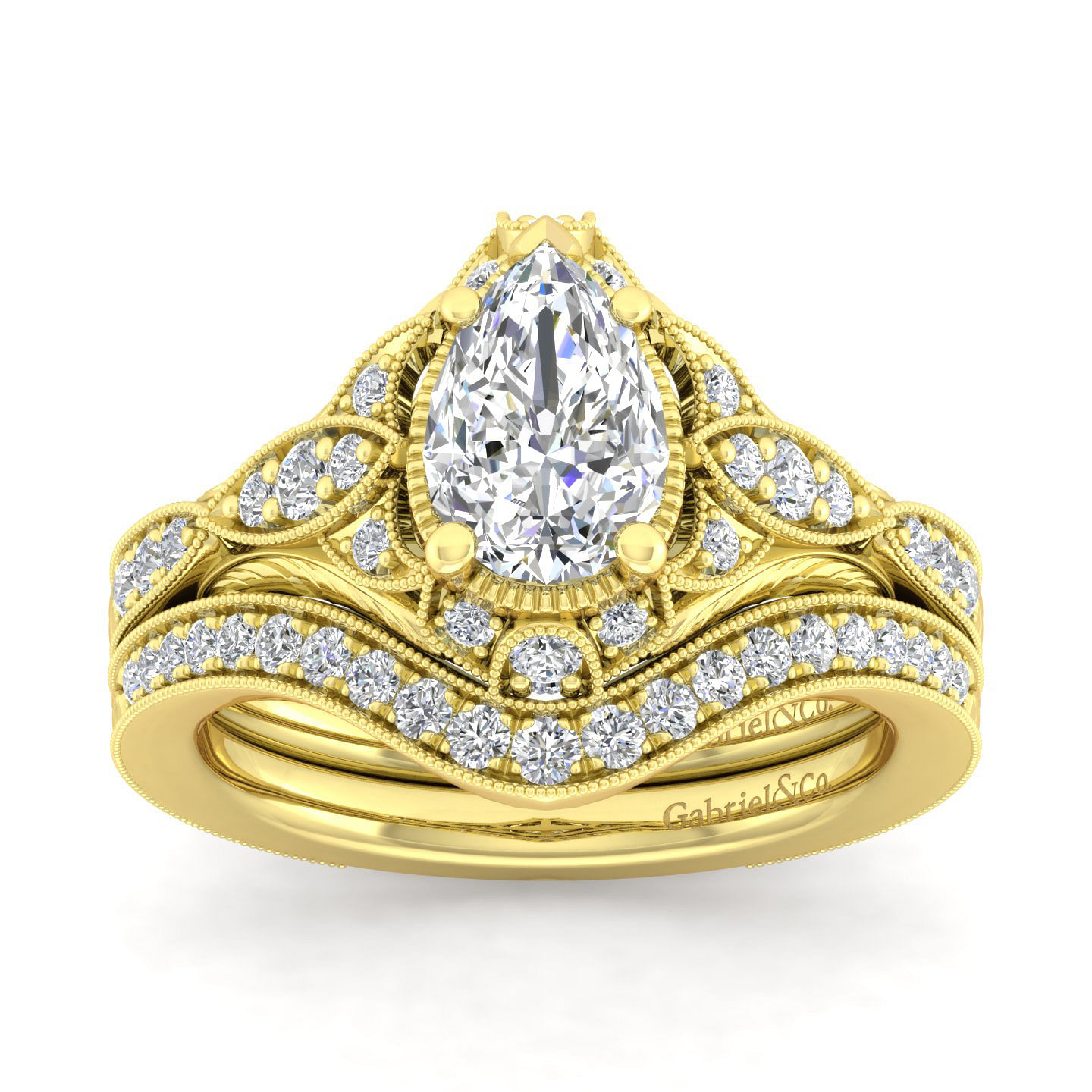 Unique 14K Yellow Gold Vintage Inspired Pear Shape Diamond Halo Engagement Ring