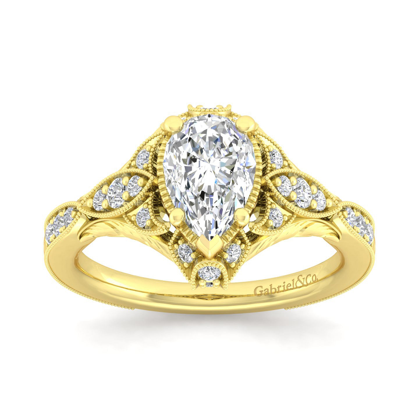 Unique 14K Yellow Gold Vintage Inspired Pear Shape Diamond Halo Engagement Ring
