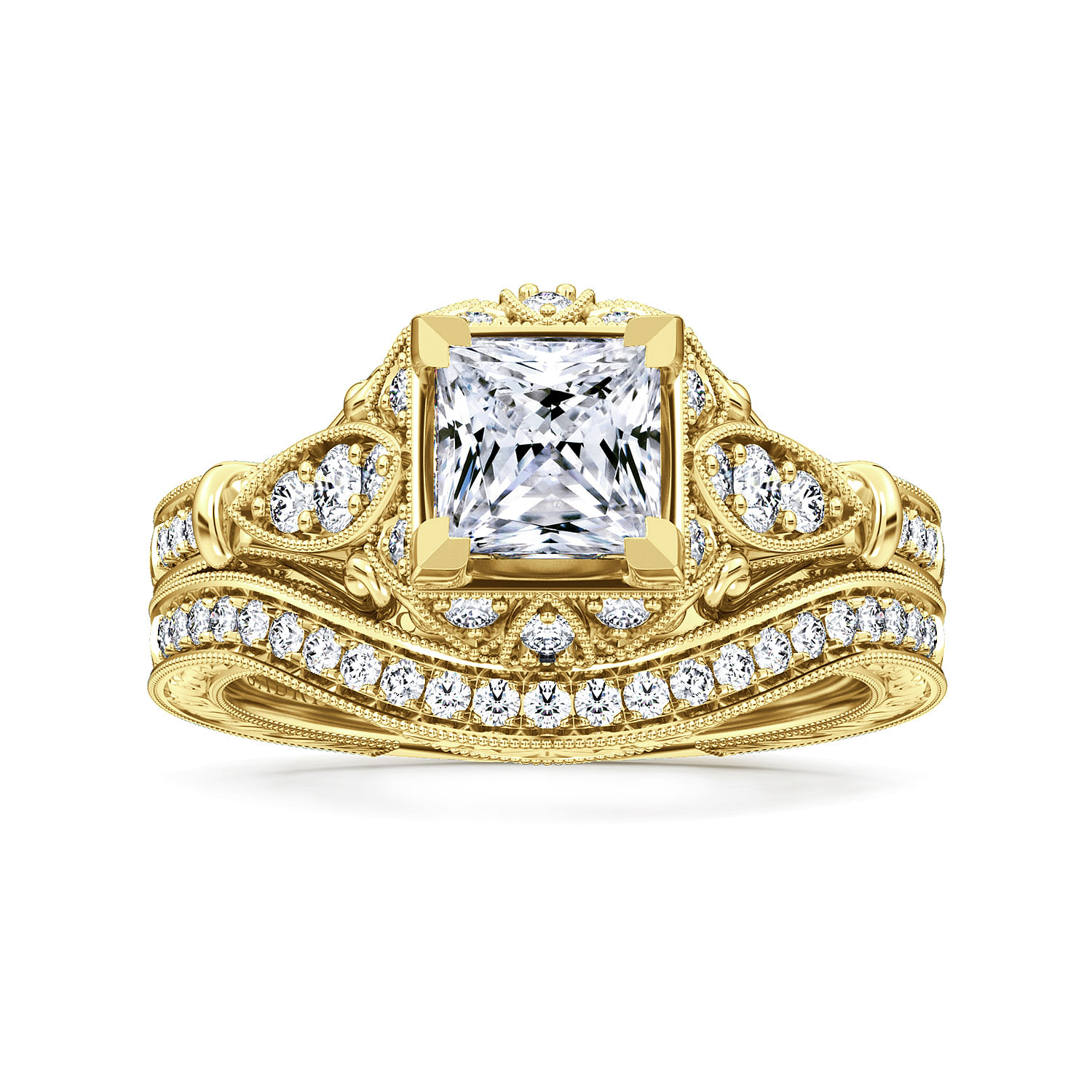 Unique 14K Yellow Gold Vintage Inspired Princess Cut Halo Diamond Engagement Ring