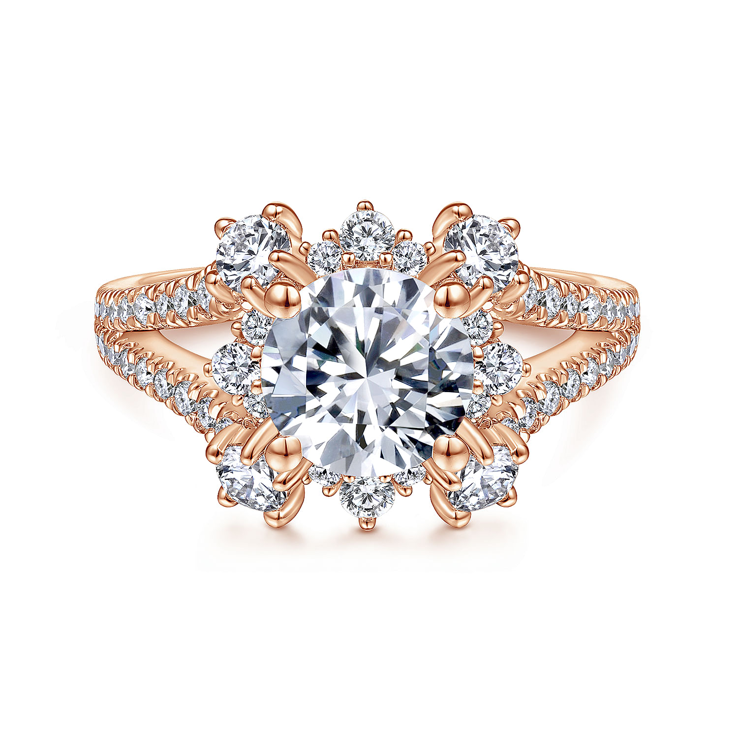 Unique 18K Rose Gold Art Deco Halo Diamond Engagement Ring