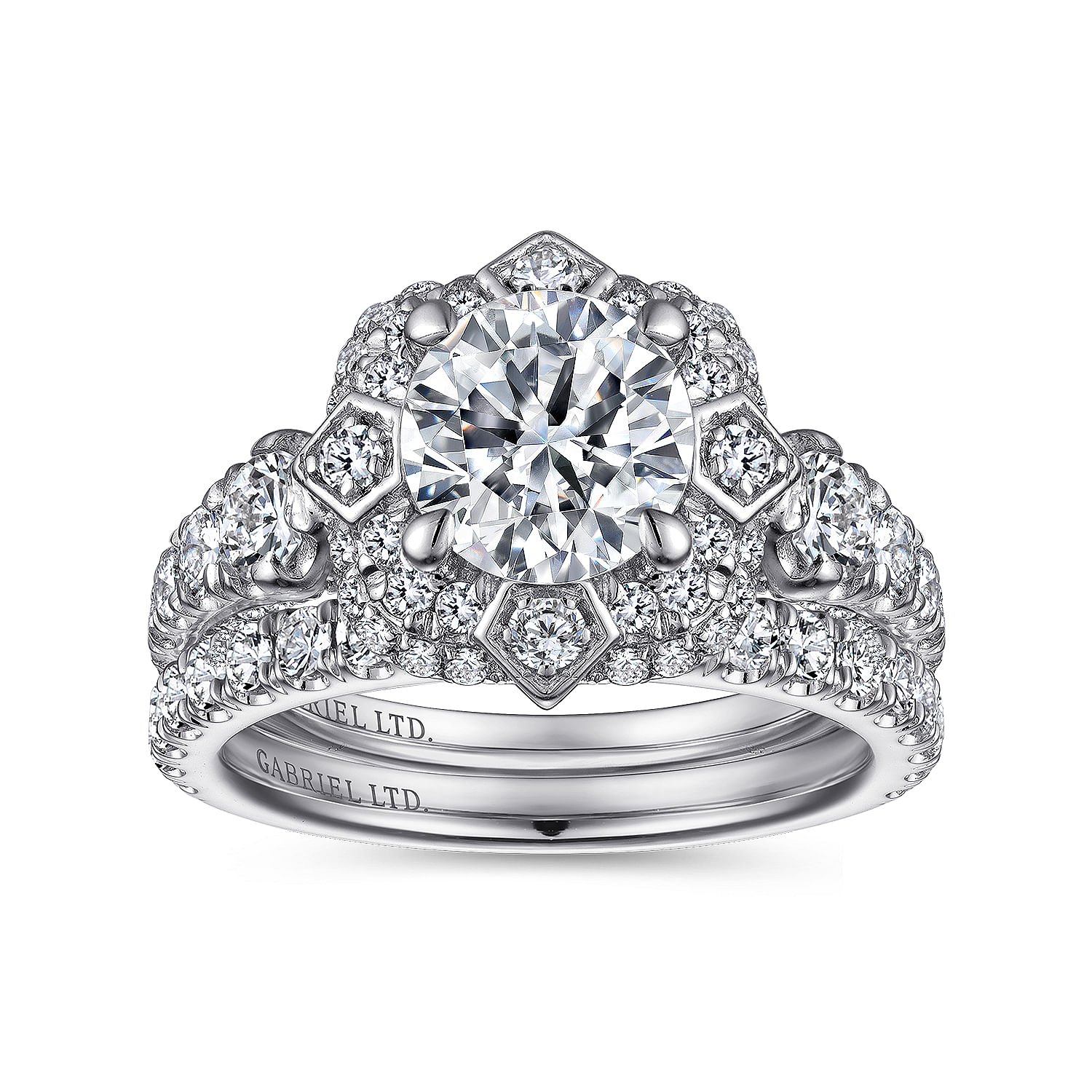 Unique 18K White Gold Art Deco Double Halo Diamond Engagement Ring