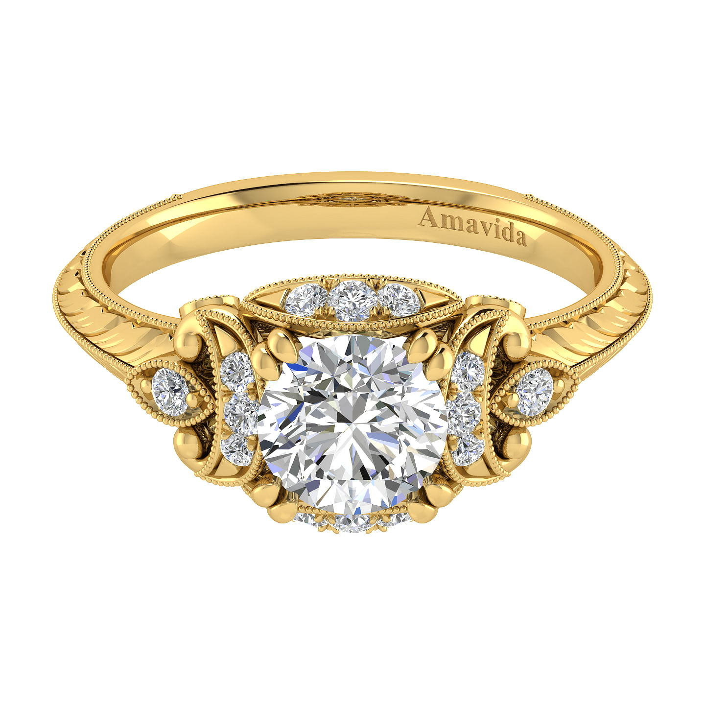 Unique 18K Yellow Gold Vintage Inspired Diamond Halo Engagement Ring