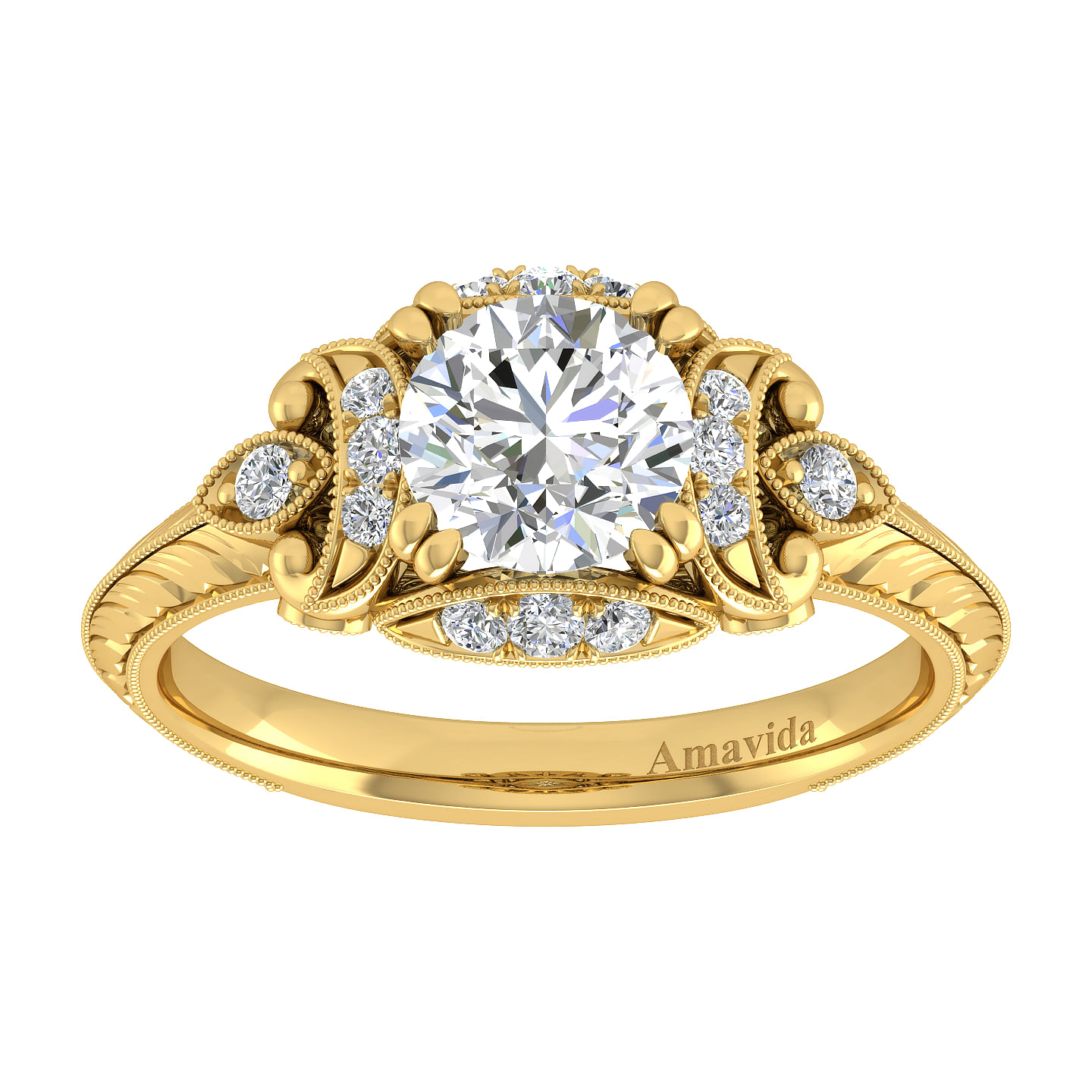 Unique 18K Yellow Gold Vintage Inspired Diamond Halo Engagement Ring