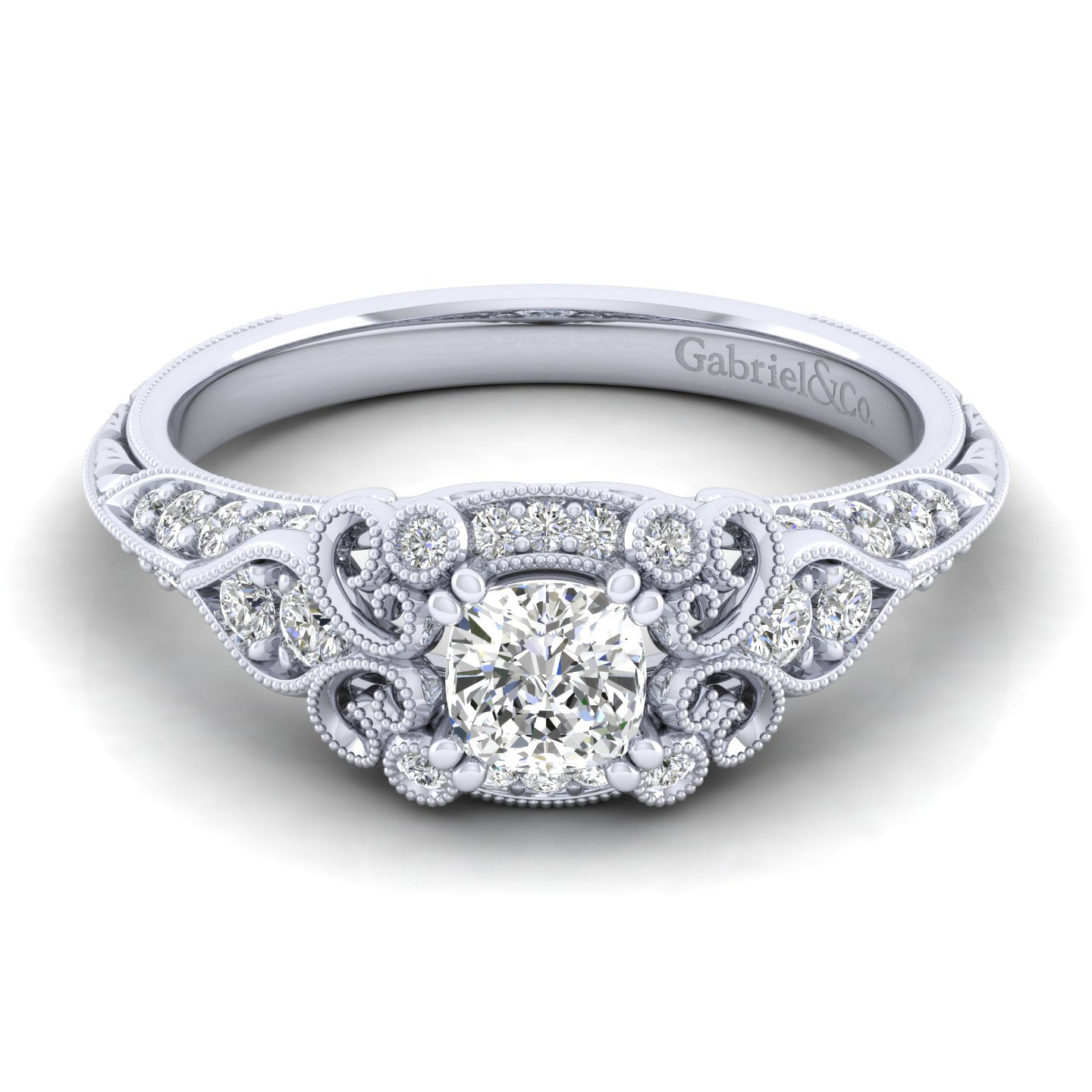 Unique Platinum Vintage Inspired Cushion Cut Diamond Halo Engagement Ring
