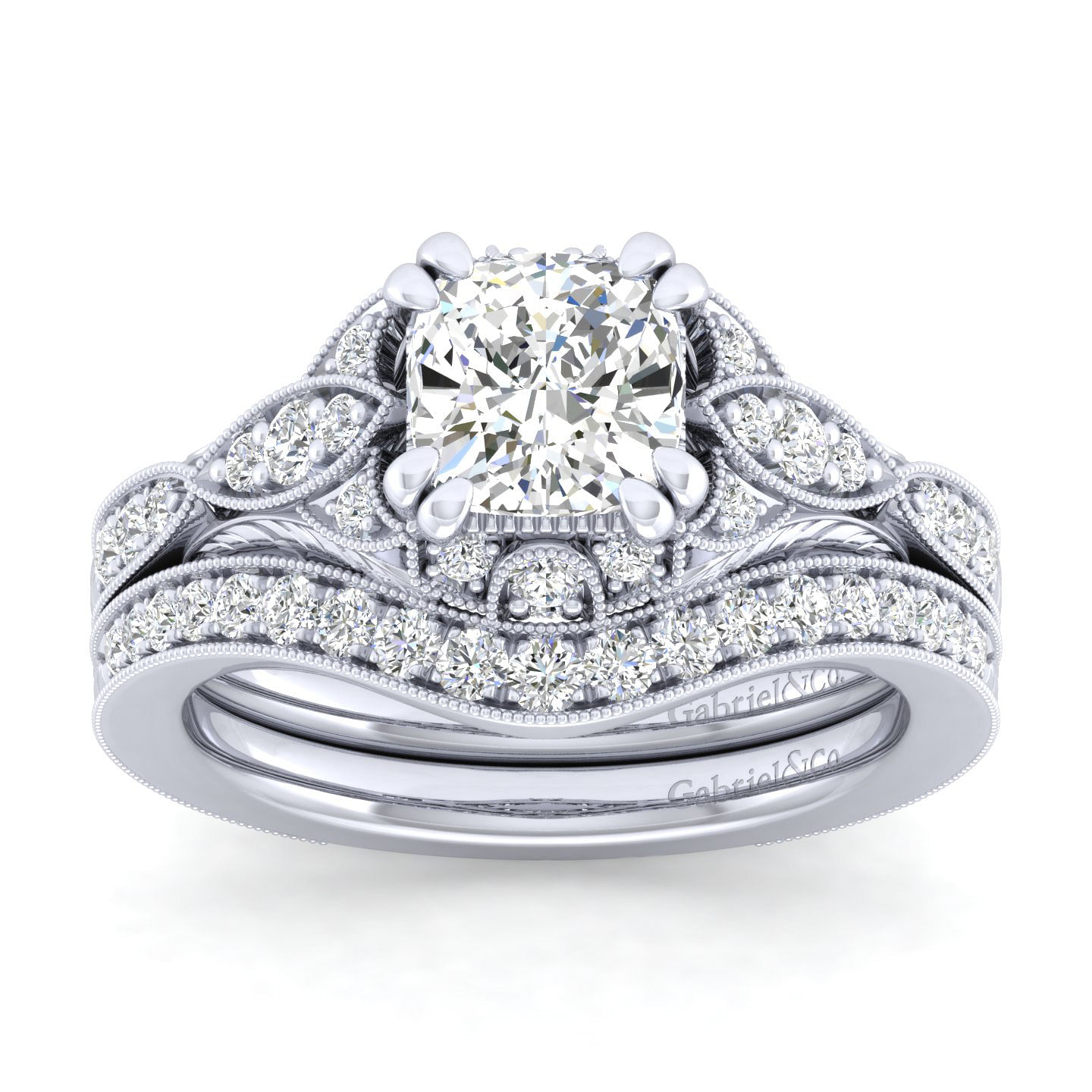 Unique Platinum Vintage Inspired Cushion Cut Diamond Halo Engagement Ring