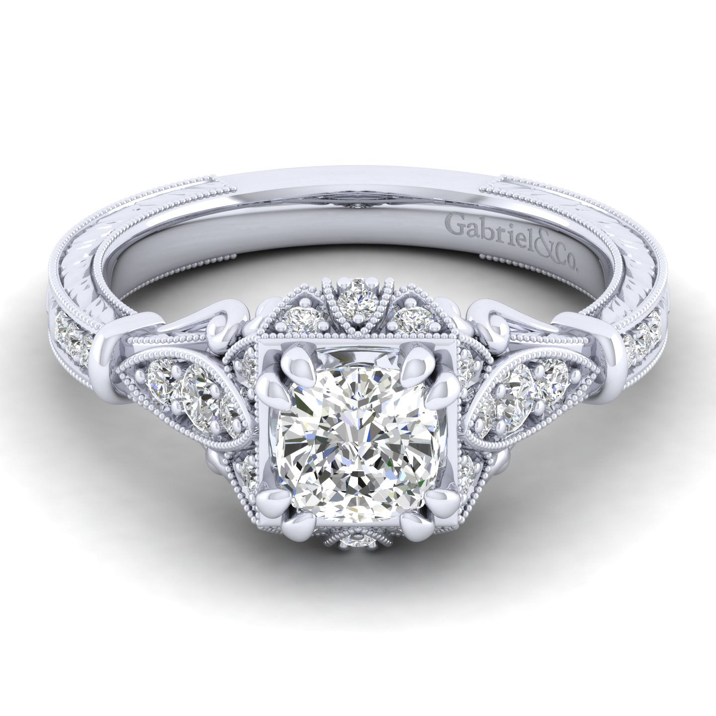 Unique Platinum Vintage Inspired Cushion Cut Halo Diamond Engagement Ring