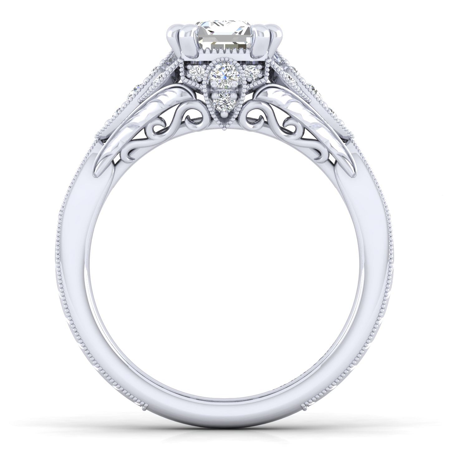 Unique Platinum Vintage Inspired Emerald Cut Diamond Halo Engagement Ring