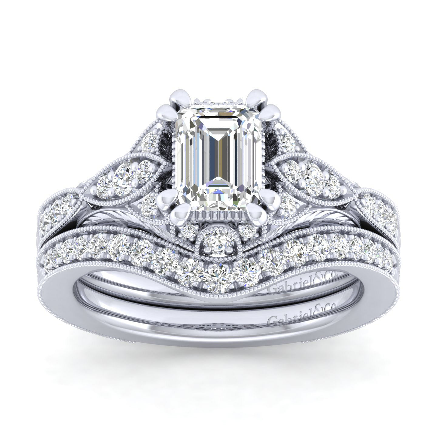 Unique Platinum Vintage Inspired Emerald Cut Diamond Halo Engagement Ring
