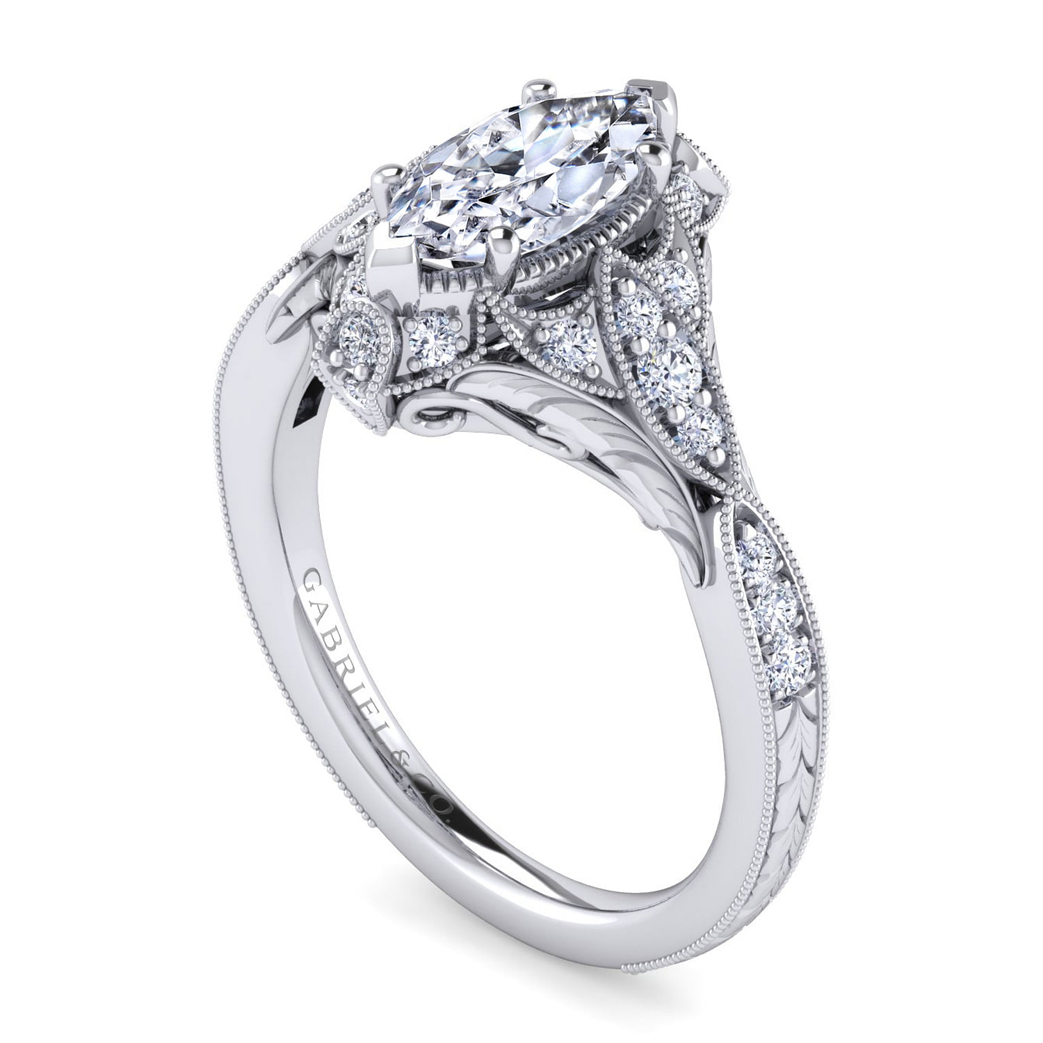 Unique Platinum Vintage Inspired Marquise Shape Diamond Halo Engagement Ring