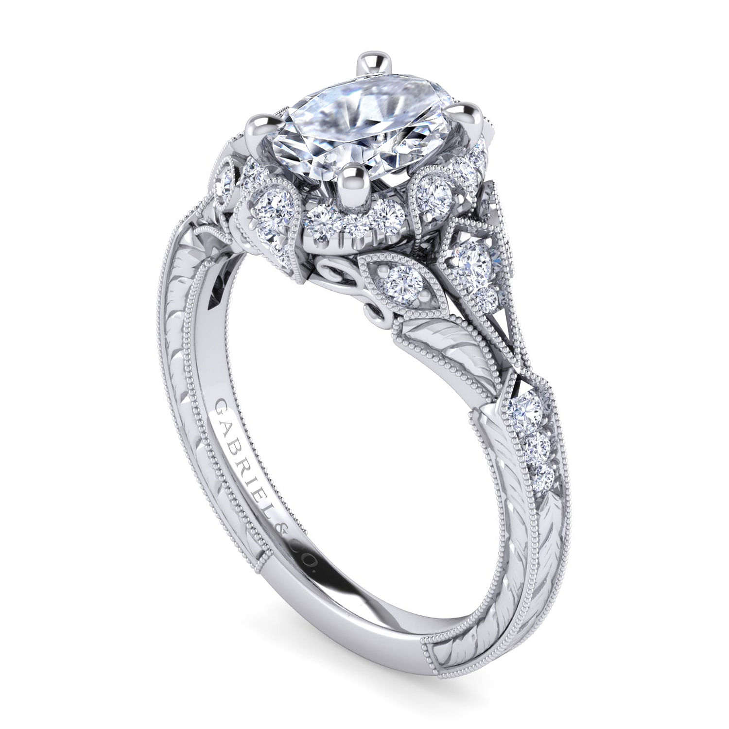 Unique Platinum Vintage Inspired Oval Halo Diamond Engagement Ring