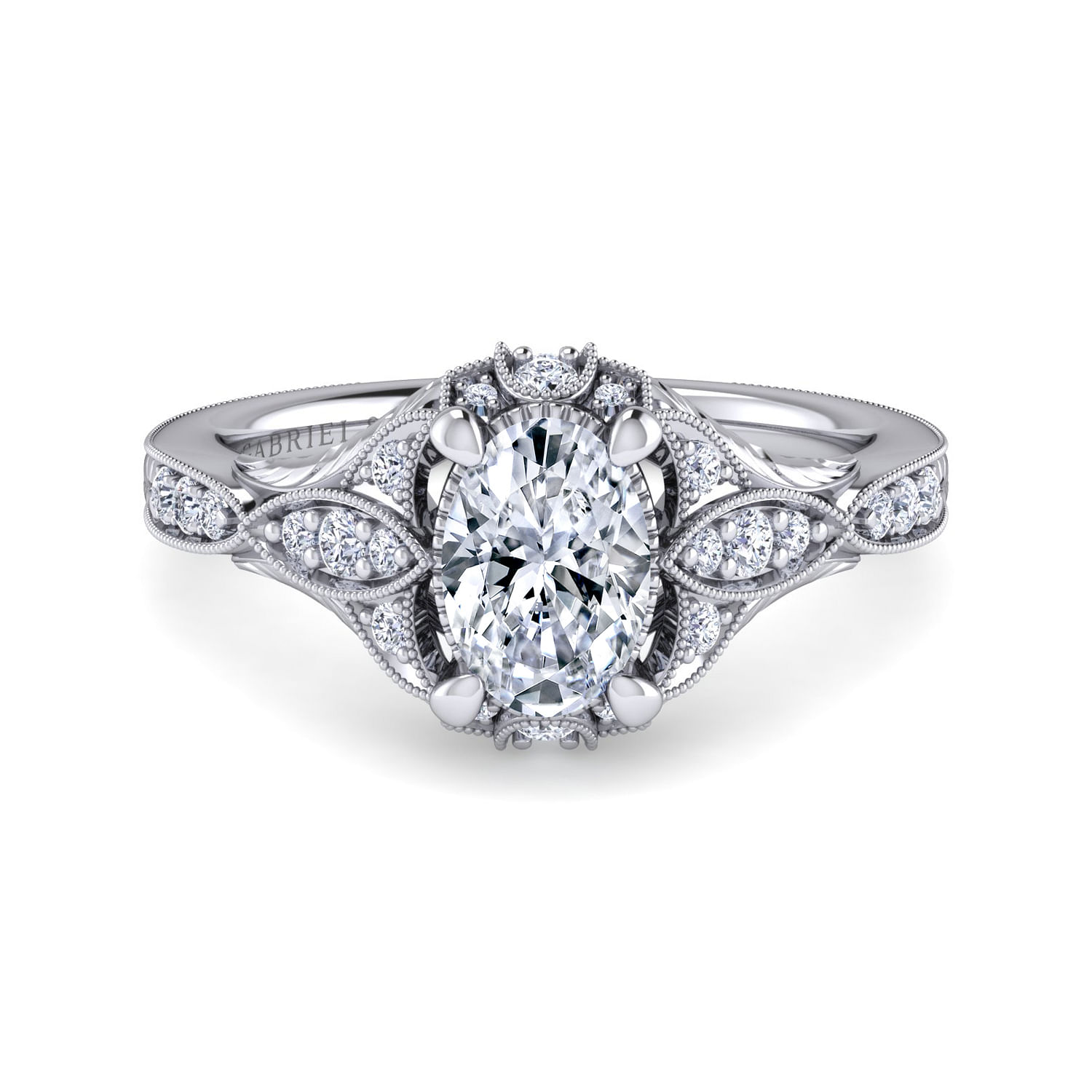 Unique Platinum Vintage Inspired Oval Halo Diamond Engagement Ring
