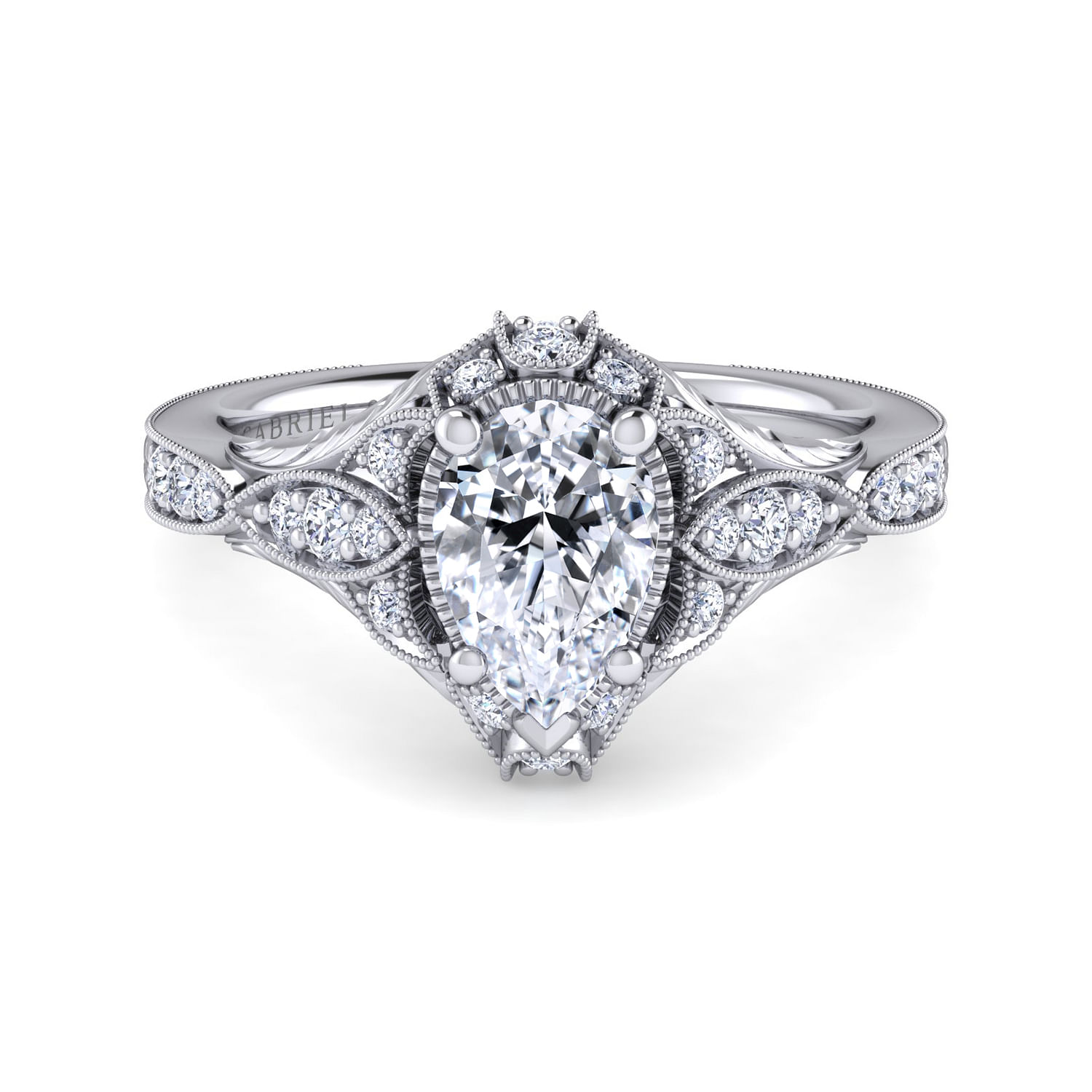 Unique Platinum Vintage Inspired Pear Shape Diamond Halo Engagement Ring