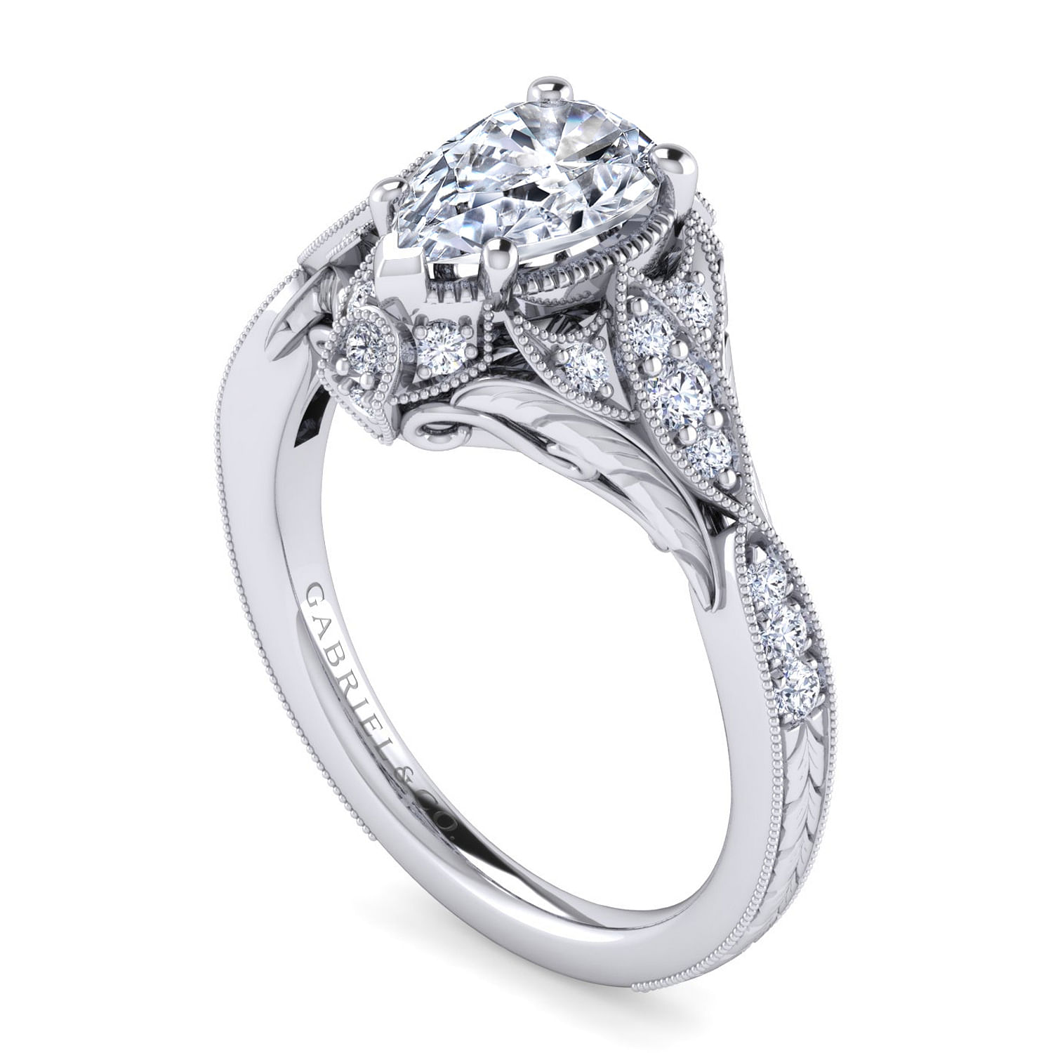 Unique Platinum Vintage Inspired Pear Shape Diamond Halo Engagement Ring