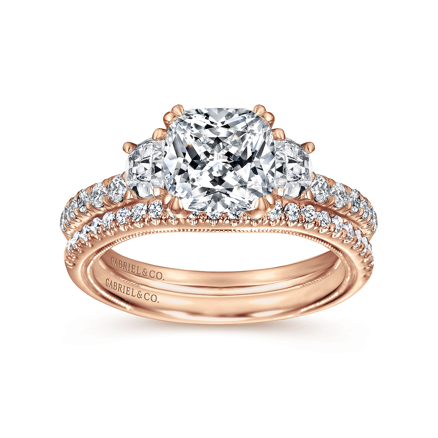 Vintage Inspired 14K Rose Gold Cushion Cut Three Stone Diamond Engagement Ring