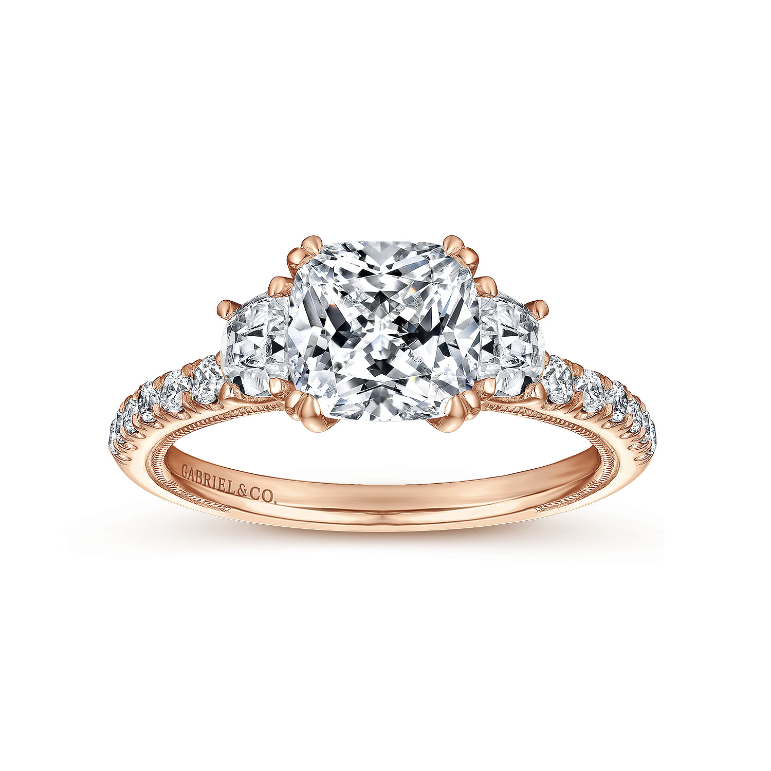 Vintage Inspired 14K Rose Gold Cushion Cut Three Stone Diamond Engagement Ring