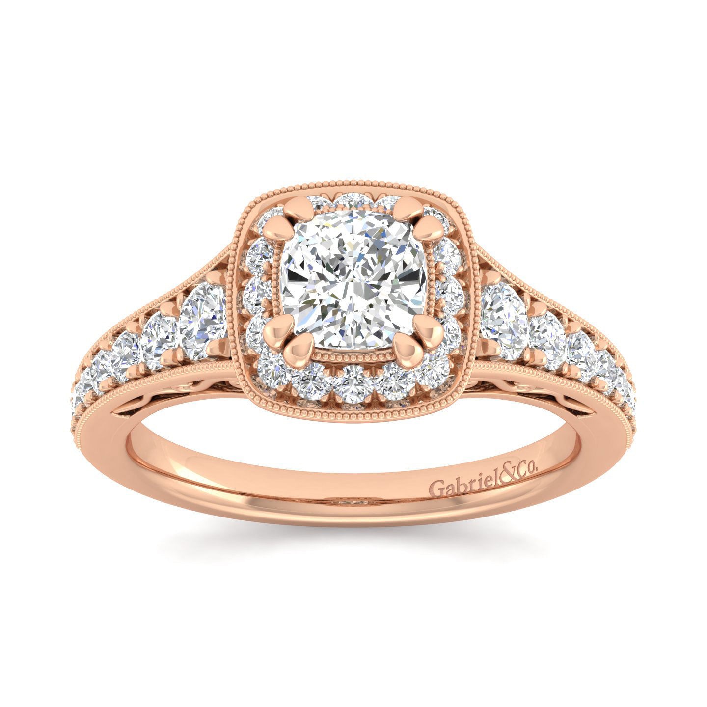 Vintage Inspired 14K Rose Gold Cushion Halo Diamond Engagement Ring