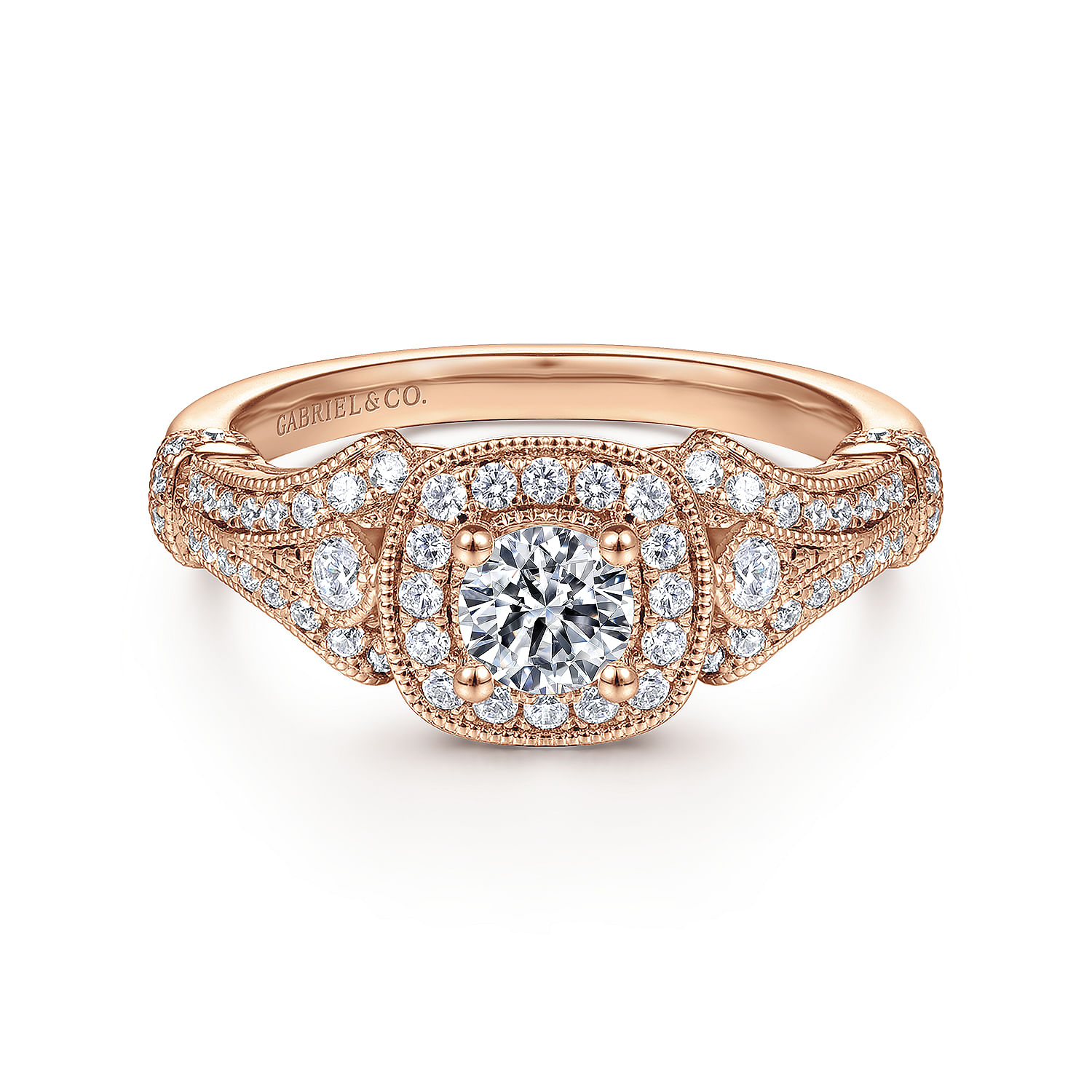 Vintage Inspired 14K Rose Gold Cushion Halo Round Complete Diamond Engagement Ring